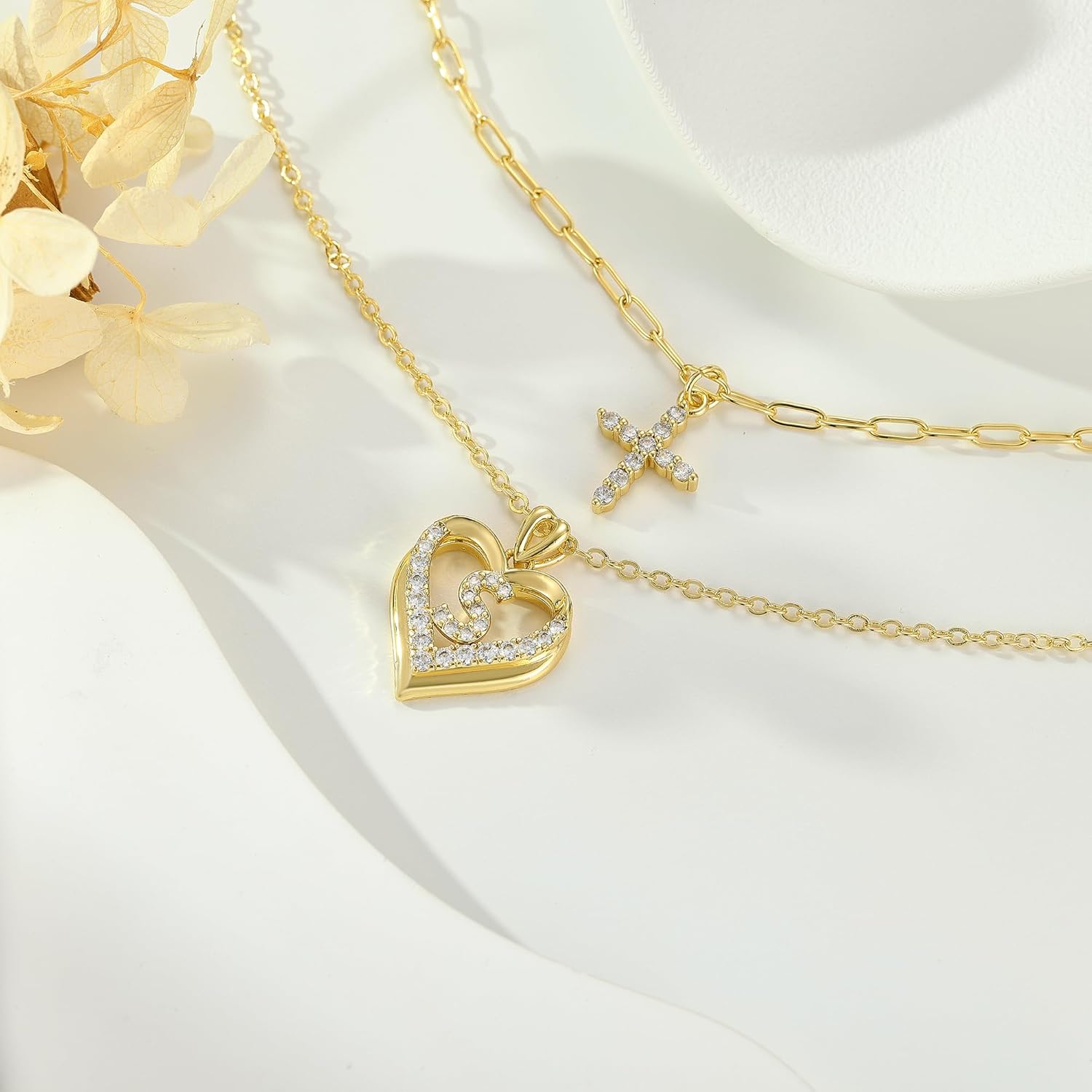 YOVIEE 14K Gold Plated Layering Necklaces,Heart Initial Layered Necklace Cross Pendant Necklace Charm Personalized Stackable Jewelry Gift for Her - Image 5