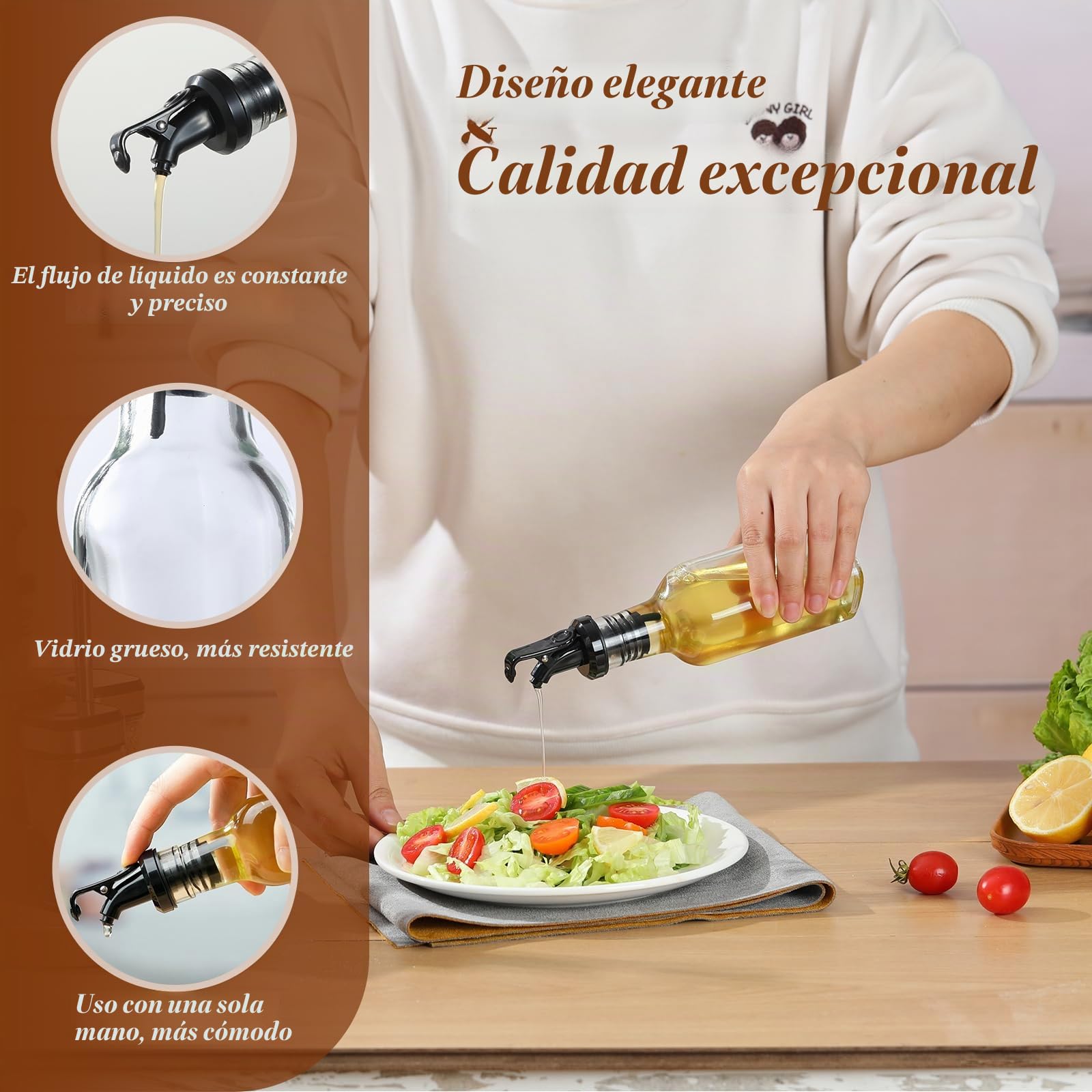 Botella de aceite y vinagre&Pimentero y salero | Botella de aceite y vinagre 200 ml*2, Pimentero y salero 120 ml*2, Con embudo y cepillo de cerdas duras