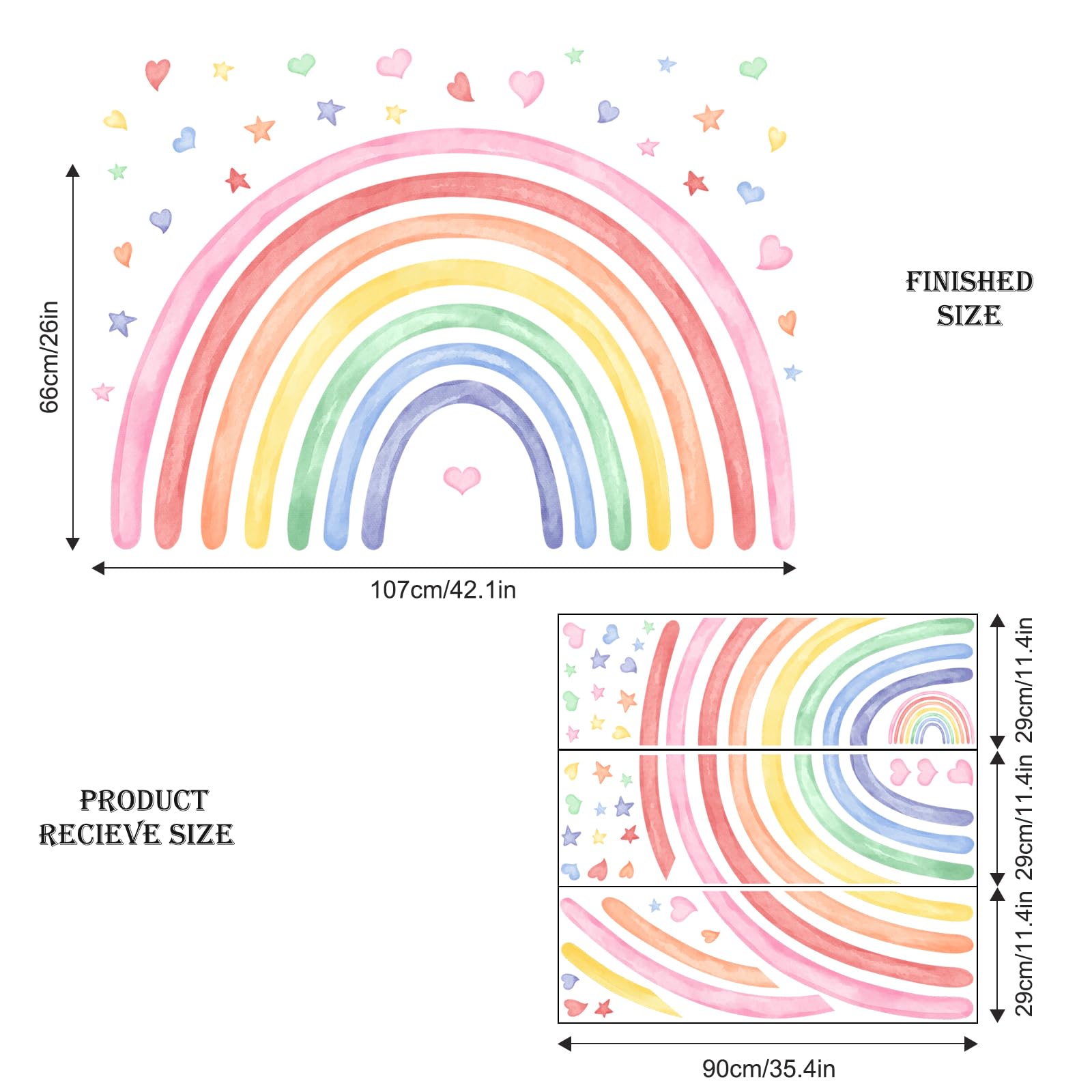 42"x26" Rainbow Hearts Stars Wall Decals for Girls Nursery Watercolor Rainbow Wall Mural Stickers Peel and Stick Vinyl Wall Art for Kids Toddlers Bedroom Playroom Classroom Wall Decor - Image 4