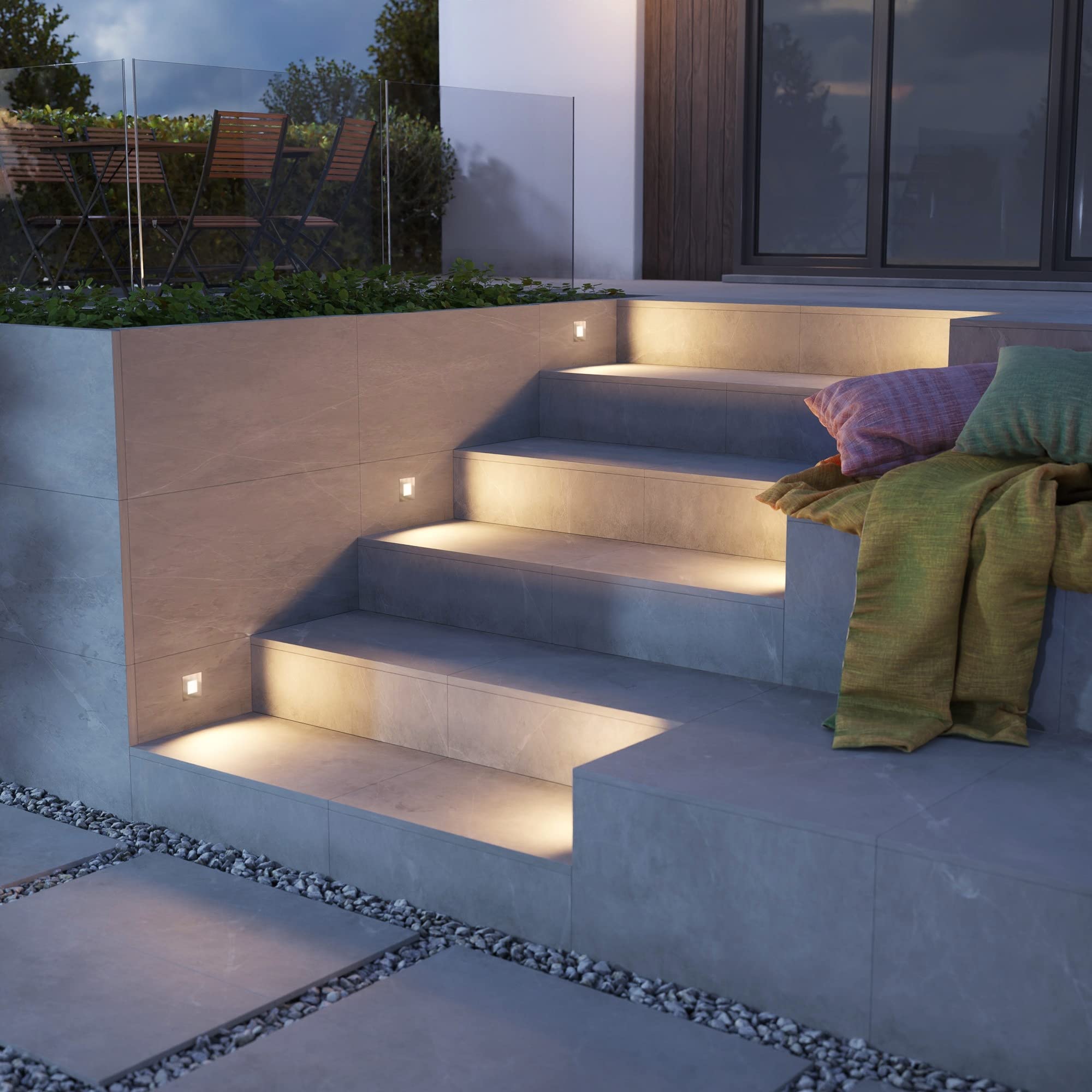 ledscom.de Lámpara LED para escaleras/plafón empotrable FEX para interiores y exteriores, angular, acero inoxidable, 85 x 85 mm, blanco cálido