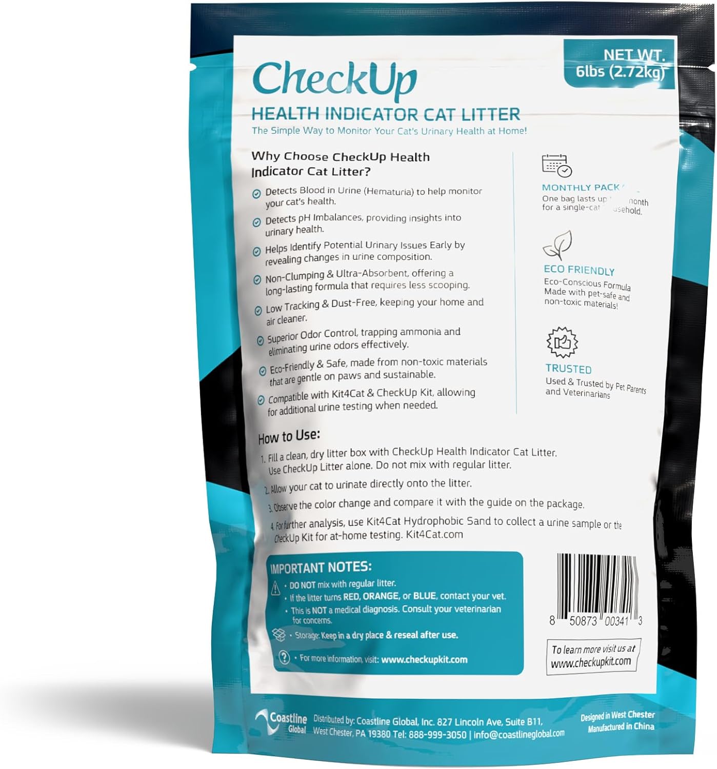 KIT4CAT CheckUp Health Indicator Cat Litter – Color-Changing Non-Clumping Crystal Litter for Urinary Health Monitoring | Low Dust, Odor Control | 6lb Bag