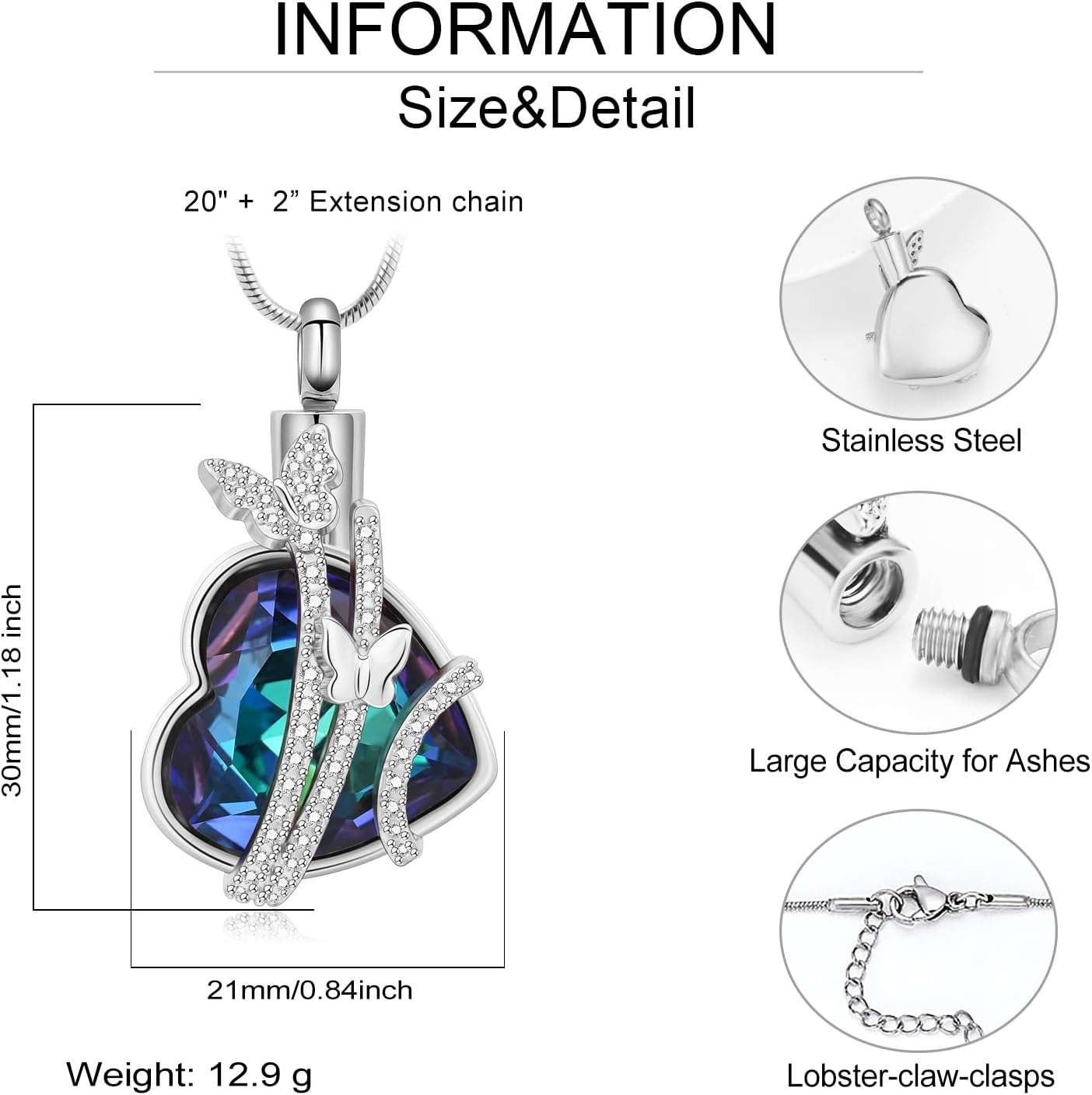 Hearbeingt Butterfly Heart Urn Necklaces for Ashes Crystal Cremation Jewelry Stainless Steel Ash Pendant for Human/Pets Memorial Necklace Keepsake Jewelry with Fill Tool - Image 2