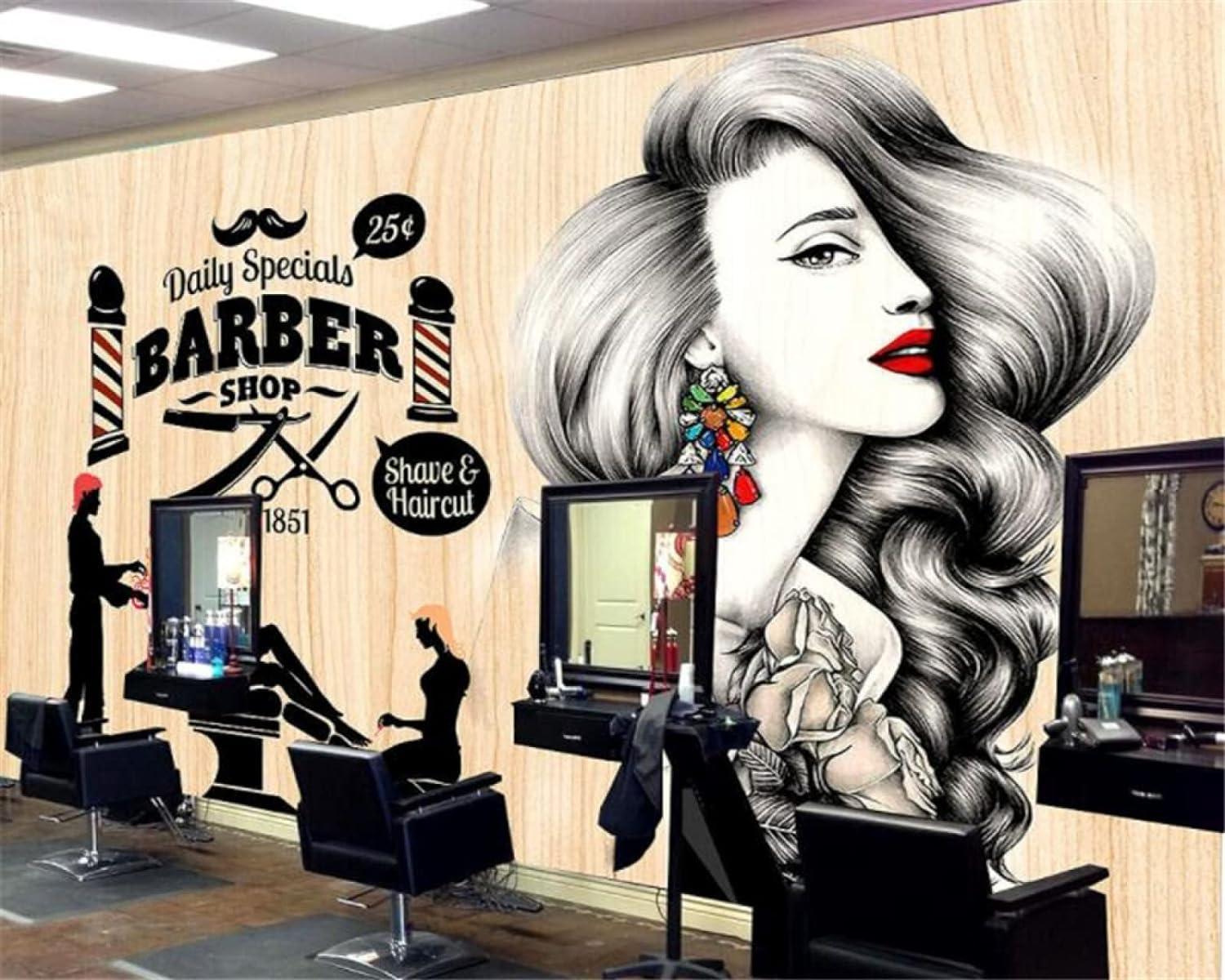 Peinture murale salon de coiffure 3D papier peint adhésif haute définition