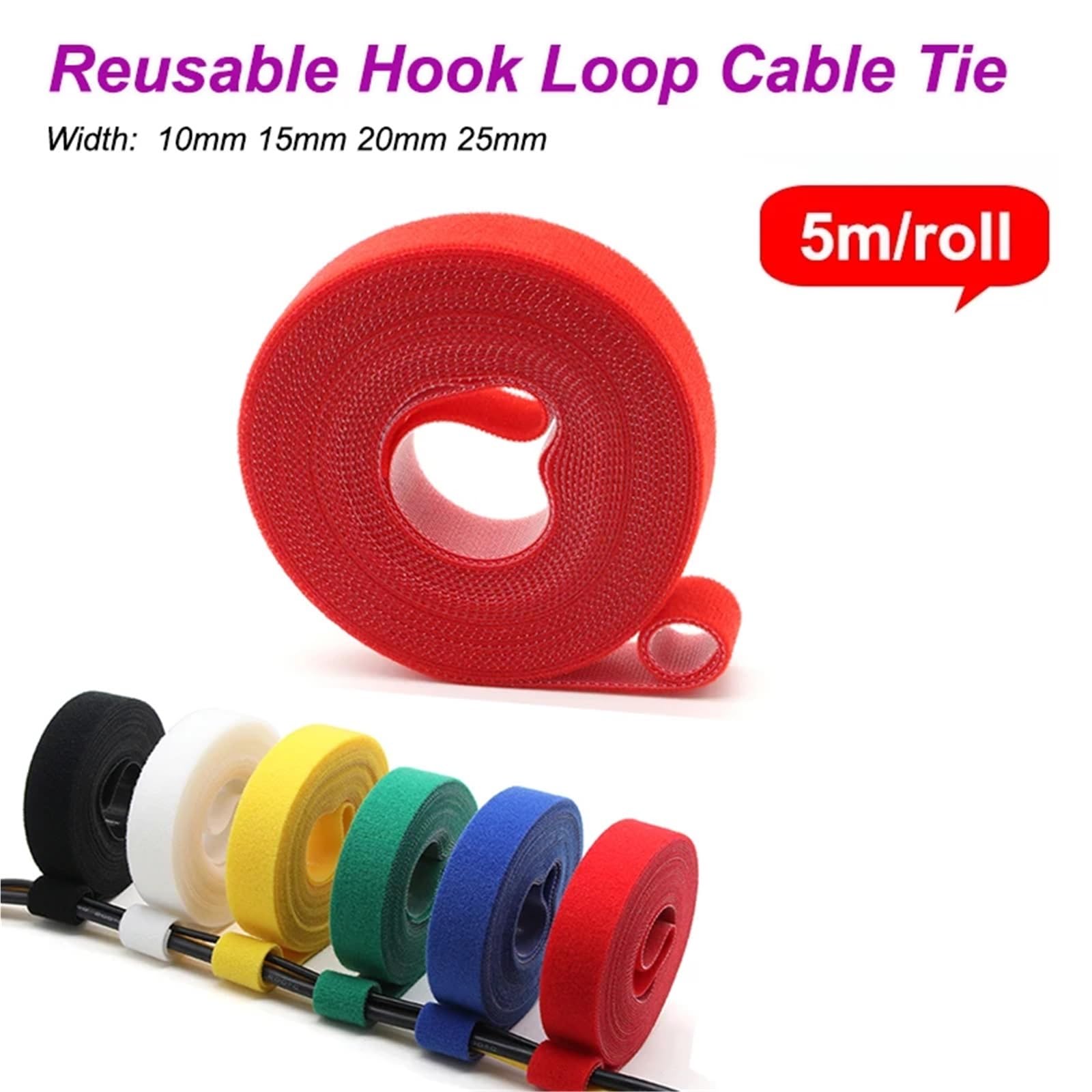 Brida de nailon reutilizable con gancho y bucle, organizador cables, ancho 10 a 25 mm, tira sujeción autoadhesiva, 5 m/rollo para Coser(Black,20mm)