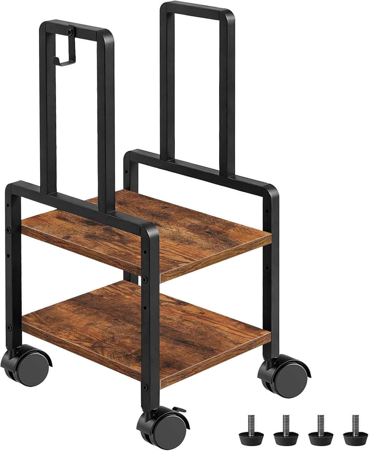 Adjustable 2-Tier PC Stand, Computer Tower Stand with 360° Locking Wheels & Hooks, CPU Cart for Floor, Carpet and Under Desk, 15.2" x 11.8" x 26", Rustic Brown