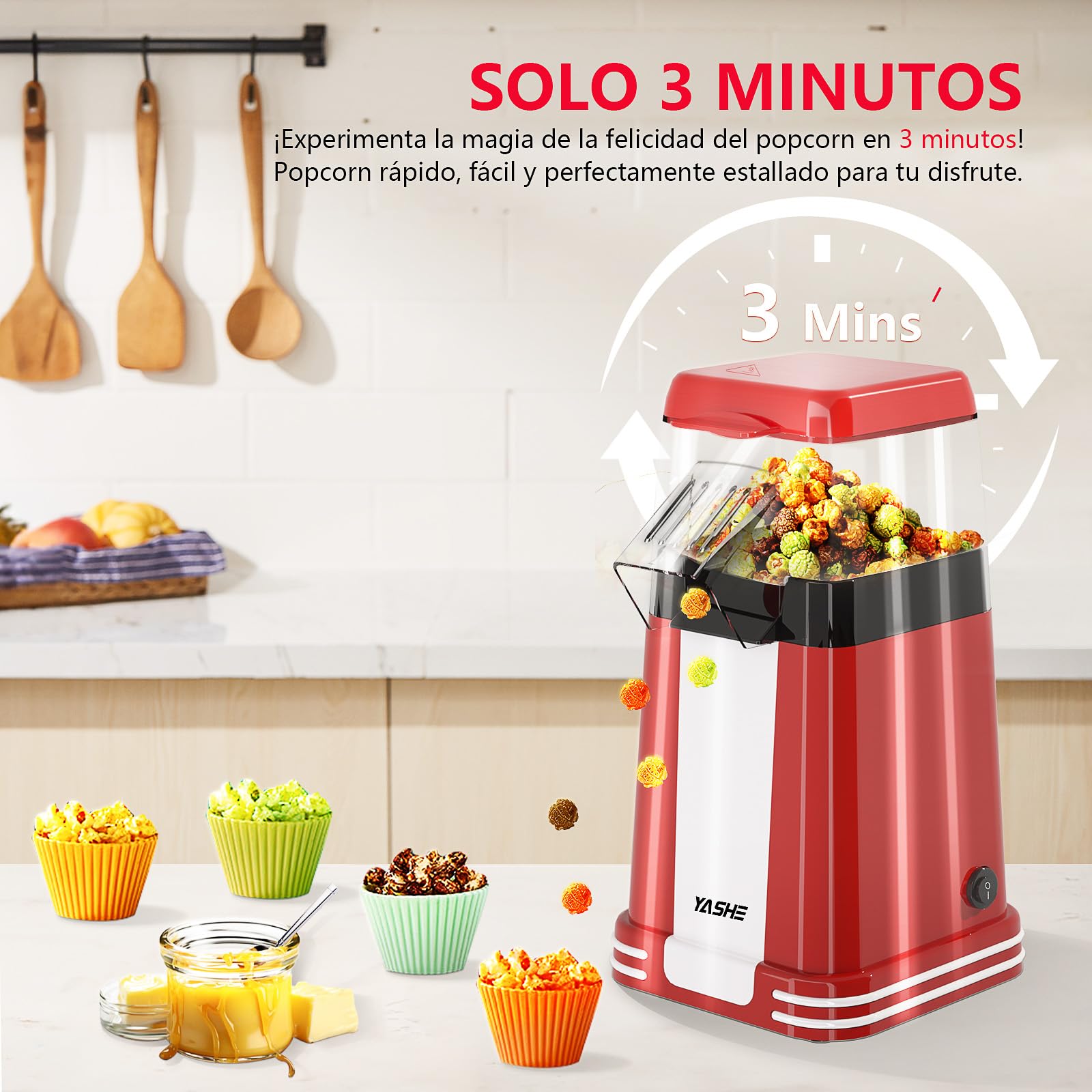 YASHE Máquina de Palomitas Retro, 1200 W Palomitero de Aire Caliente con Vaso Medidor, Un Toque, Sin Aceite, Perfecto para Cine en Casa, Noches de Película, Fiestas
