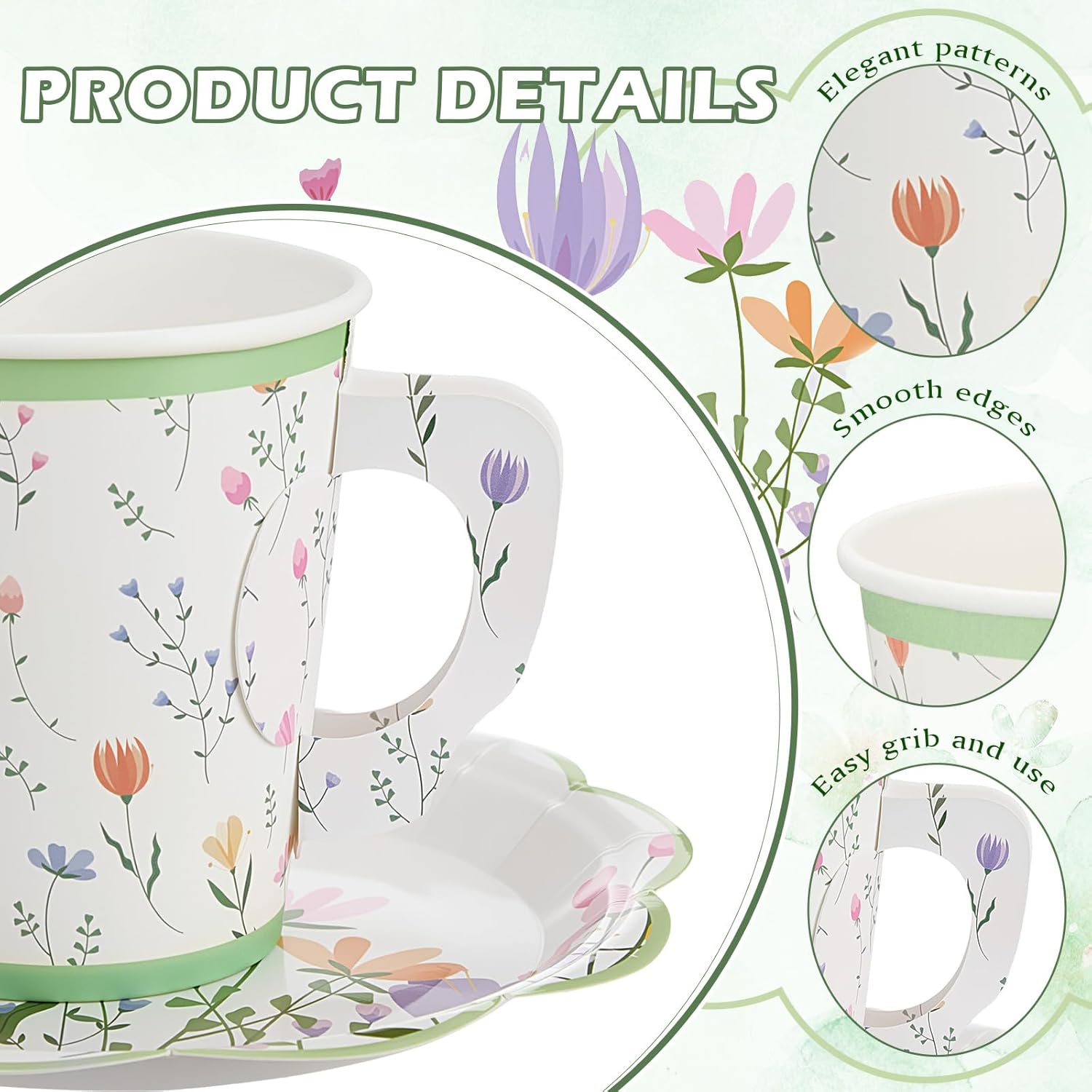 100 Sets Wildflower Floral Paper Tea Cups and Saucers Disposable Paper Tea Party Supplies 9 oz Cups with Handle and Saucer for Birthday Wedding Party Decorations