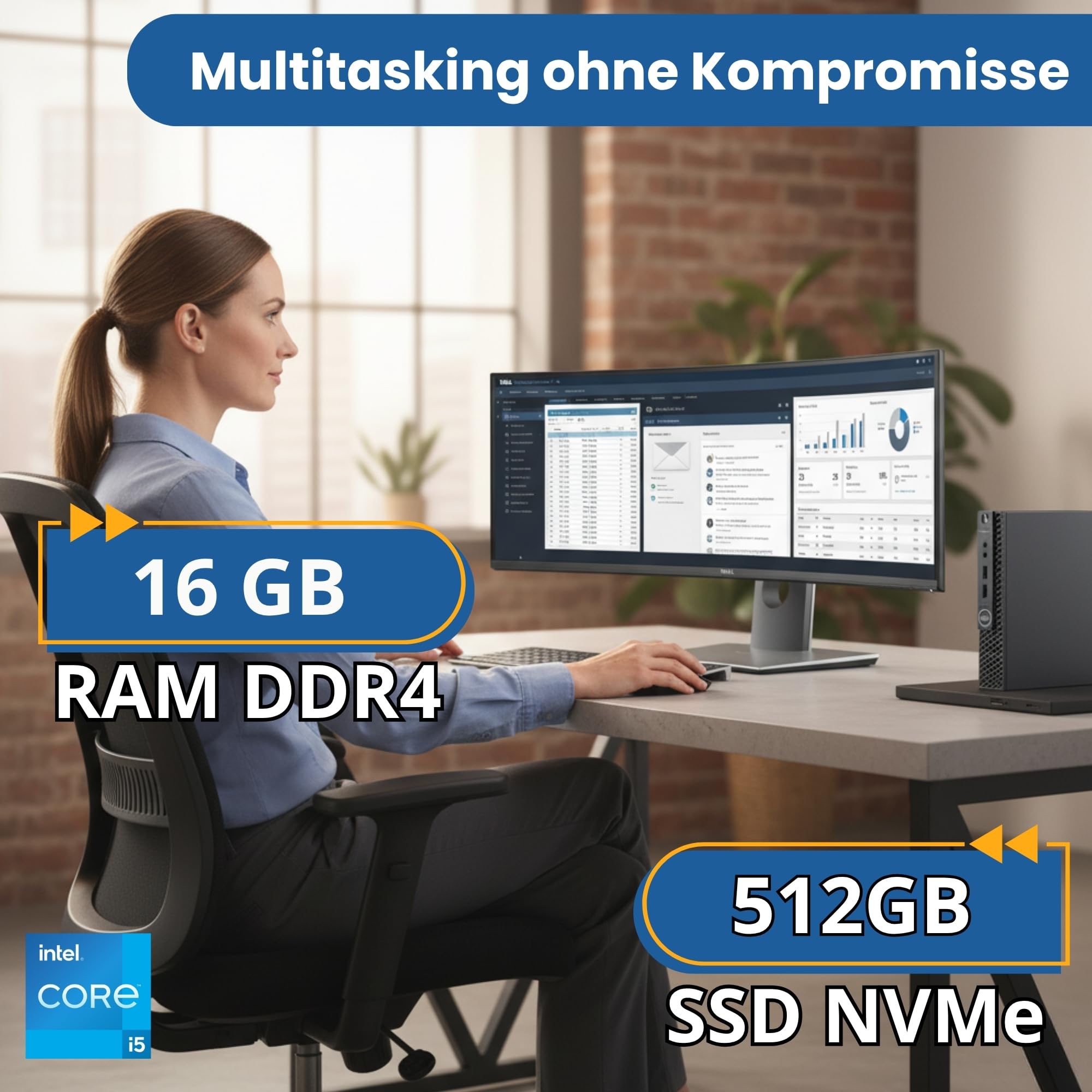 Generalüberholtes Business-PC-Bundle: Komplette Workstation (Mini-PC) + 34" UltraWide Curved Monitor WQHD 3440×1440 IPS | 16 GB RAM | 512 GB NVMe SSD | Windows 11 Pro | 36 Monate Garantie