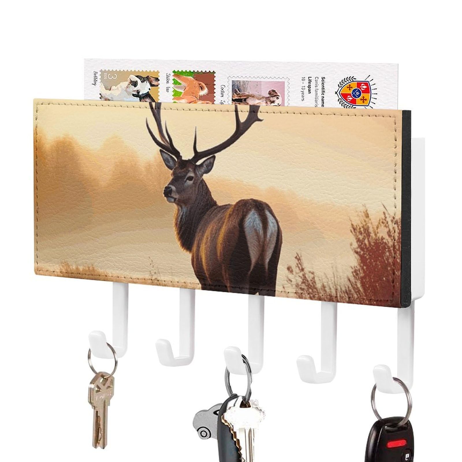 DWVTSLH Landscape Deer Key Holder for Wall, Decorative Key Hooks with Mail Organizer & 5 Hooks, Self Adhesive Leather Key Hanger for Entryway, Wall Mounted Key Rack (7.1” X 4.3” X 0.9”)