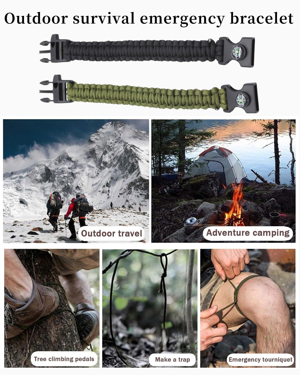 2pcs Bracciale Intrecciato in Corda Paracadute, Multifunzione, Sopravvivenza, Fischietto, Bussola, Attività Outdoor.