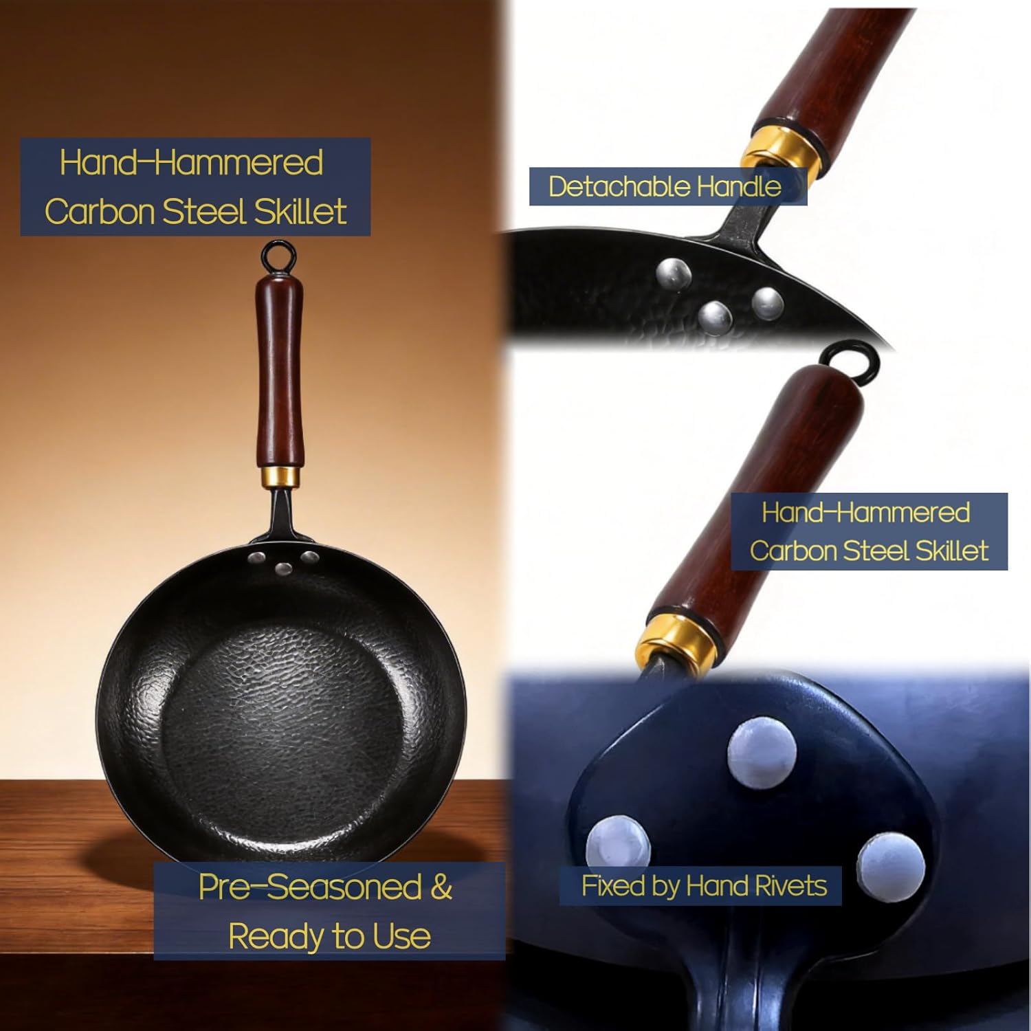 Calmabode 11" Carbon Steel Skillet, 3.5QT Coating-Free Wok Pan – Locks in Moisture for Juicy Steaks & Breakfast Eggs – Space-Saving Design for Small Kitchens & Travel