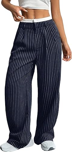 LKOUS Navy Blue Women's Wide Leg Dress Pants High Waisted Pinstripe Casual Busin