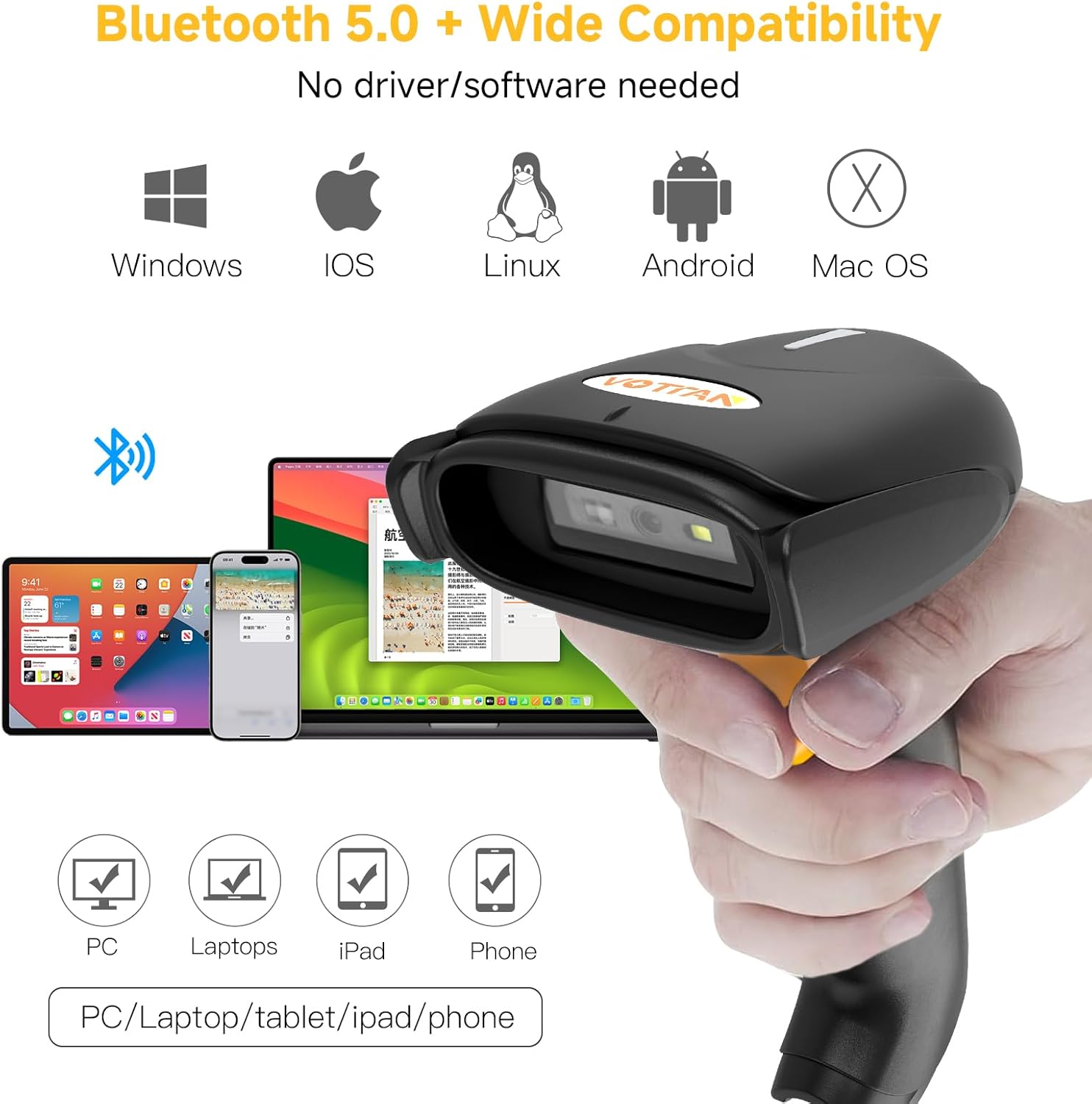 VOTTAN QR 2D Barcode Scanner, Bluetooth & 2.4G Wireless & USB Wired Connect iPad Phone Tablet PC POS, UPC EAN 1D PDF417 Data Matrix 2D Handheld Barcode Scanner
