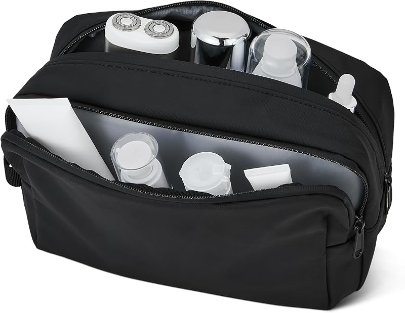 Necessaire de viagem grande Amazon Essentials preta, com múltiplos bolsos, 20,07 cm x 11,94 cm x 14,99 cm