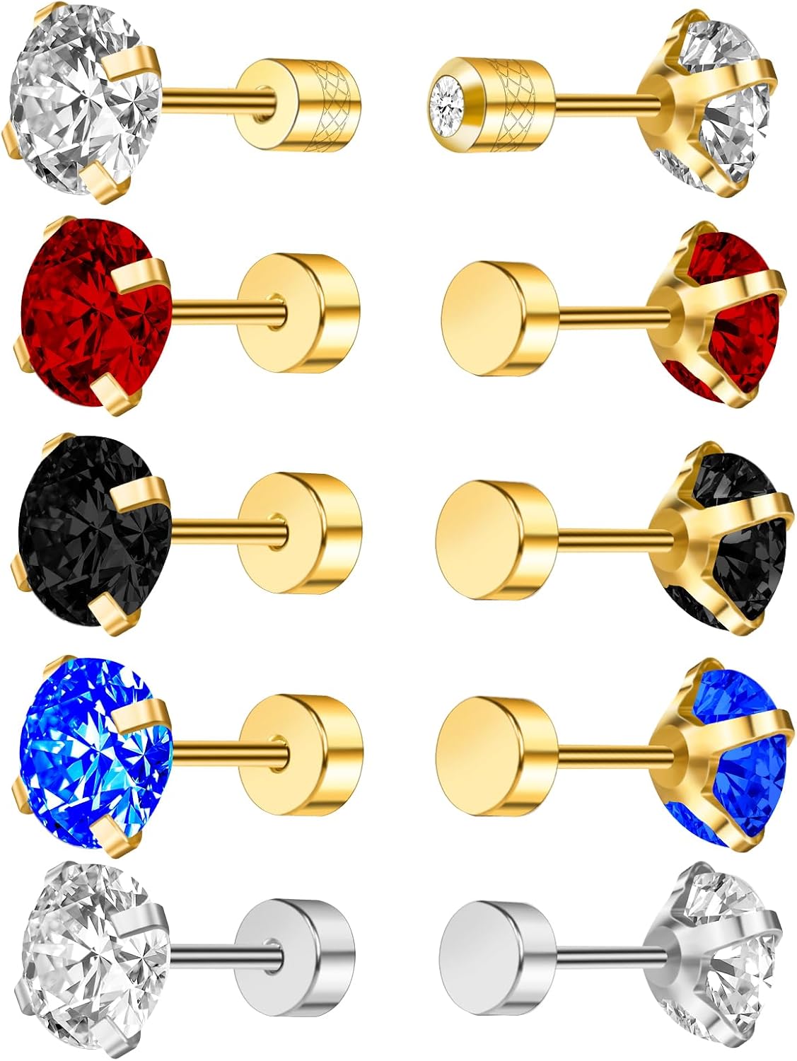 5 Pairs Flat Back Stud Earrings for Women, Trendy Cartilage Earring, Hypoallergenic Titanium Earrings Set, Cubic Zirconia Flatback Ear Rings Non Tarnish