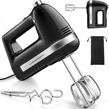 Electric Hand Mixer, Powerful Hand Mixer Electric Handheld with 304 Beaters, Dough Hook, Whisk, Hand Held Mixer with Turbo for Baking Cakes, Eggs, Cream FoodBlack