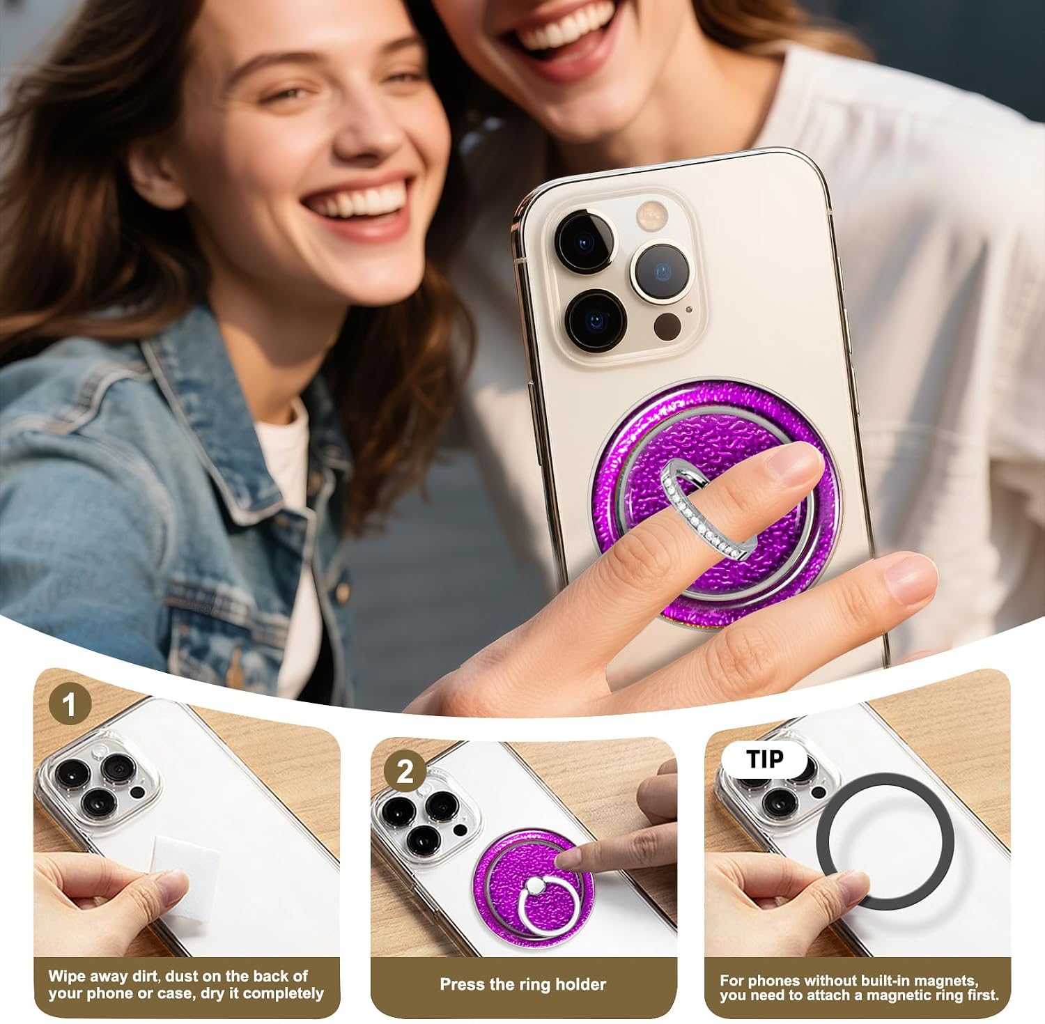 Purple Sparkly Magnetic Ring Grip for MagSafe, Bling Phone Stand image 4