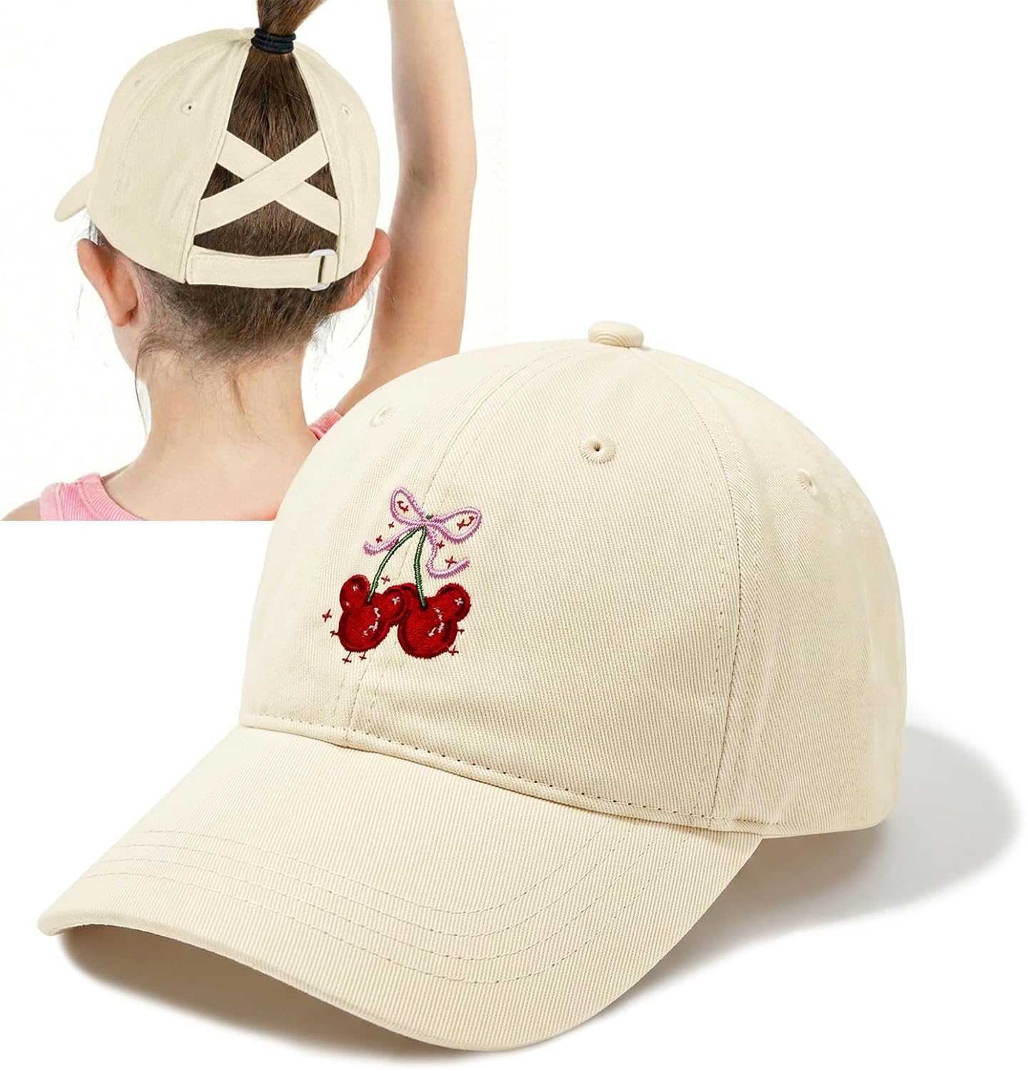 Girls Baseball Cap Kids Cherry Bow Graphic Ponytail Hat Trucker Pony Hats Cute Adjustable Criss Cross Caps