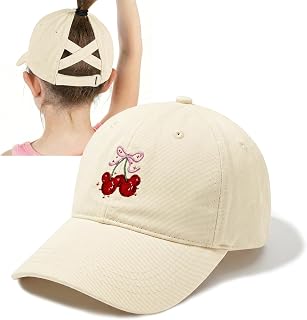Girls Baseball Cap Kids Cherry Bow Graphic Ponytail Hat Trucker Pony Hats Cute Adjustable Criss Cross Caps
