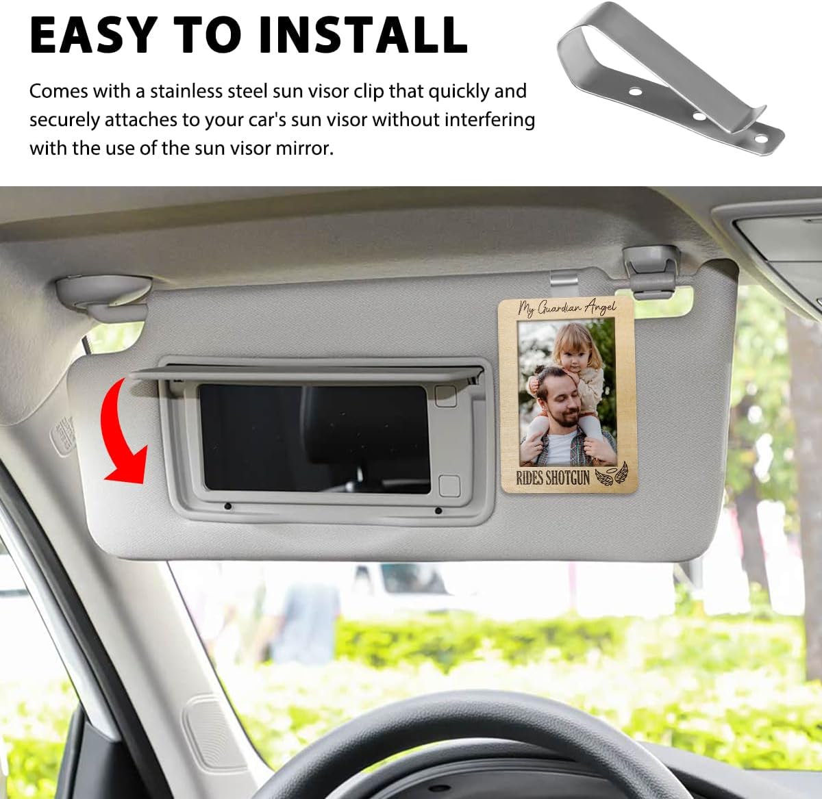 Car Visor Picture Frame, Wooden Photo Frame Automotive Sun Visor Clips for Family Members, Drive Safe Vehicle Personalized Decor Hanging Photo Holder for Fathers Day Gift (My Guardian Angel) image 3