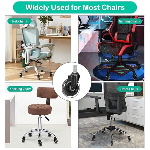 Miniatura 7 de Hirate Paquete de 5 ruedas para sillas de oficina con vástago roscado de 3/8 pulgadas a 16UNC (unidad inglesa), sillas giratorias silenciosas de 3