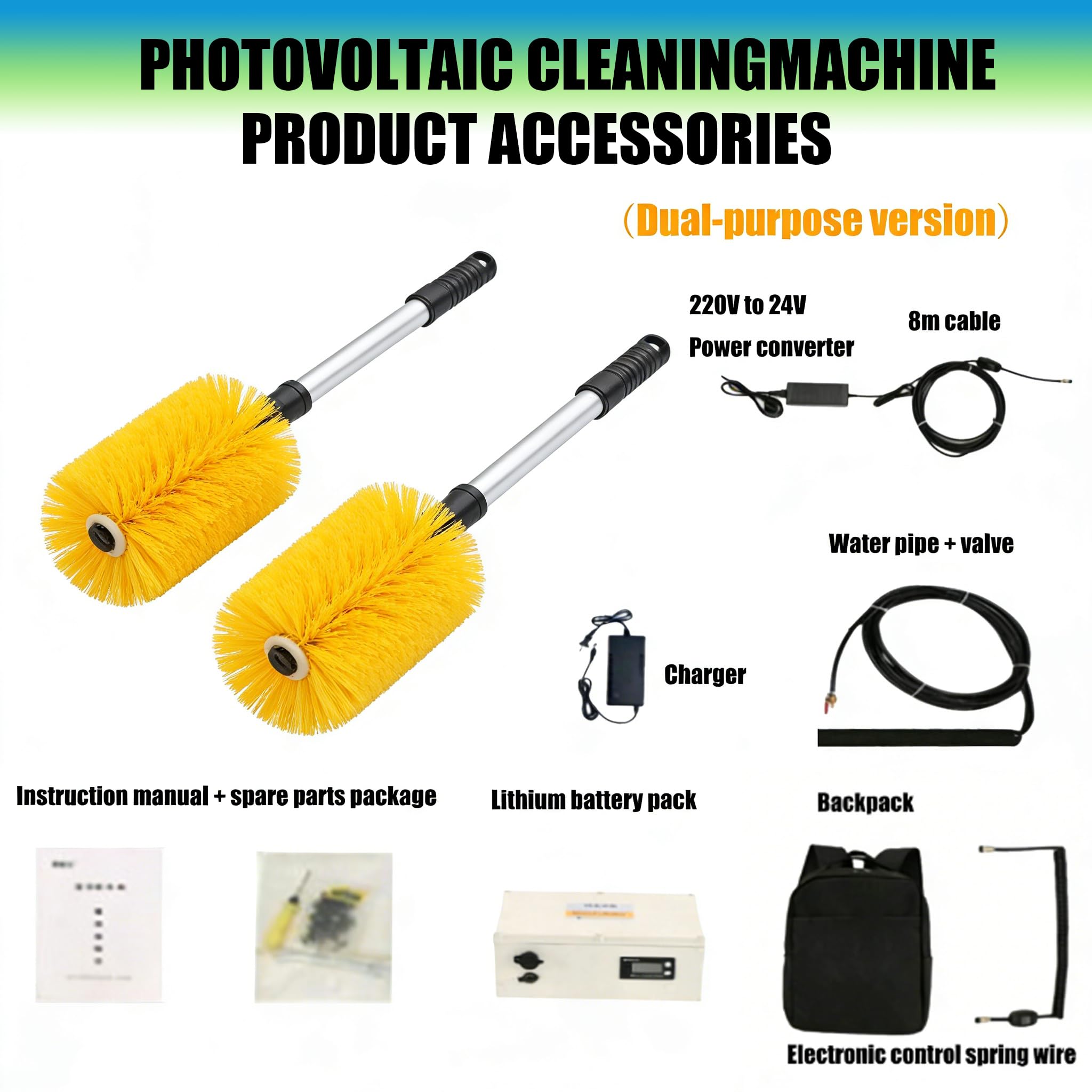 Brosse automatique à double tête avec tête de 65 cm de large, tige télescopique, système d'alimentation en eau pour façades et panneaux photovoltaïques, 3,5 m