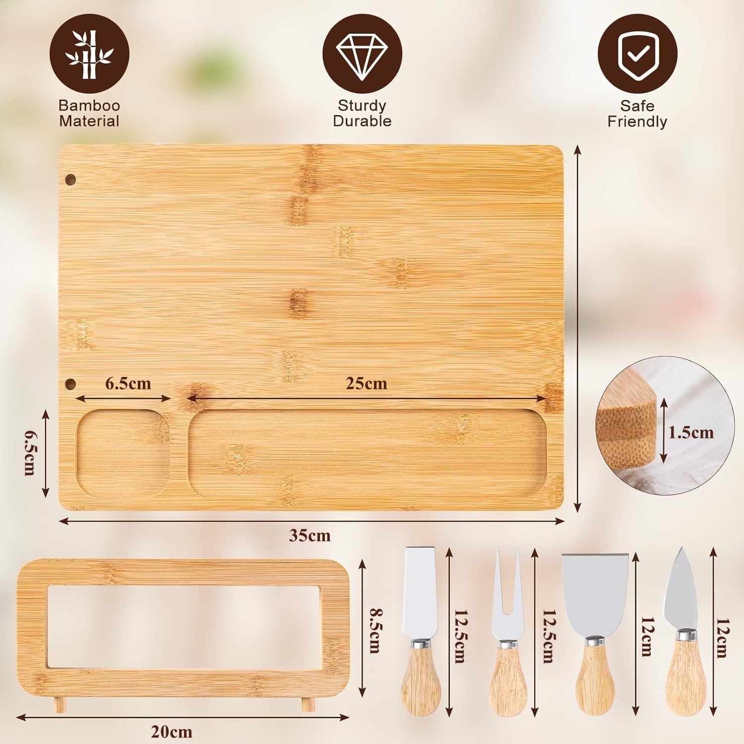 LATERN Zestaw bambusowych desek do sera, 35 cm x 27 cm, drewniana deska do wędlin i serów Cheese Charcuterie Board z 4 nożami do sera, idealny zestaw prezentowy na Boże Narodzenie, wesela, parapetówkę