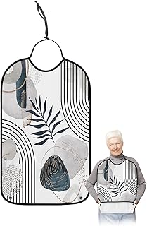 Geometric Leaf Adult Bib for Eating with Crumb Catcher,Washable & Waterproof Terry Cloth Adjustable Elderly Women Men Bibs Funny Clothing Protector Abstract Middle-Century Watercolro Painting Grey