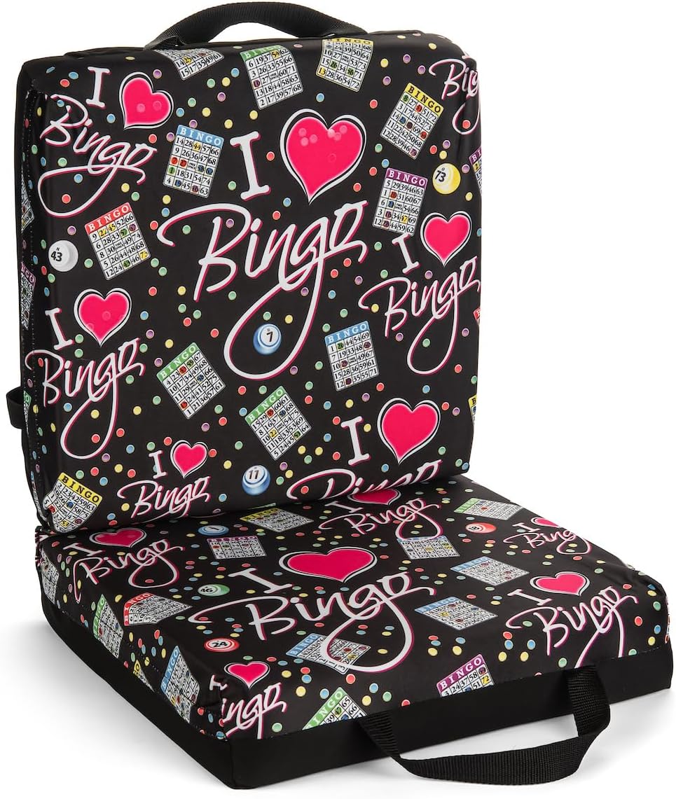 I Love Bingo Black Pattern Seat Cushion – Extra Thick 3” Bingo Pillow with Strap, Storage Pouch & Handles – Comfortable Folding Chair Cushion for Bingo Nights