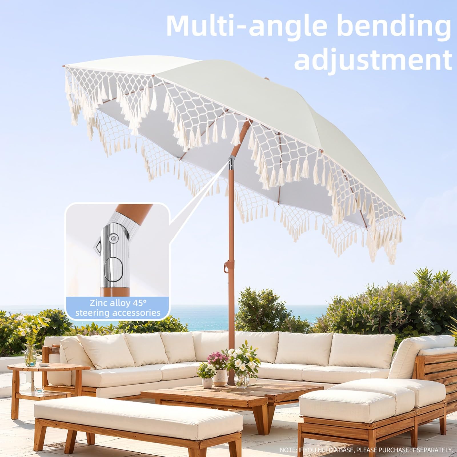 2M Weißer Garten-Sonnenschirm, Boho Makramee-Fringe Strandschirm, Neigbarer & Höhenverstellbarer Terrassenschirm, Für Pool, Balkon, Strand & AußenTerrasse