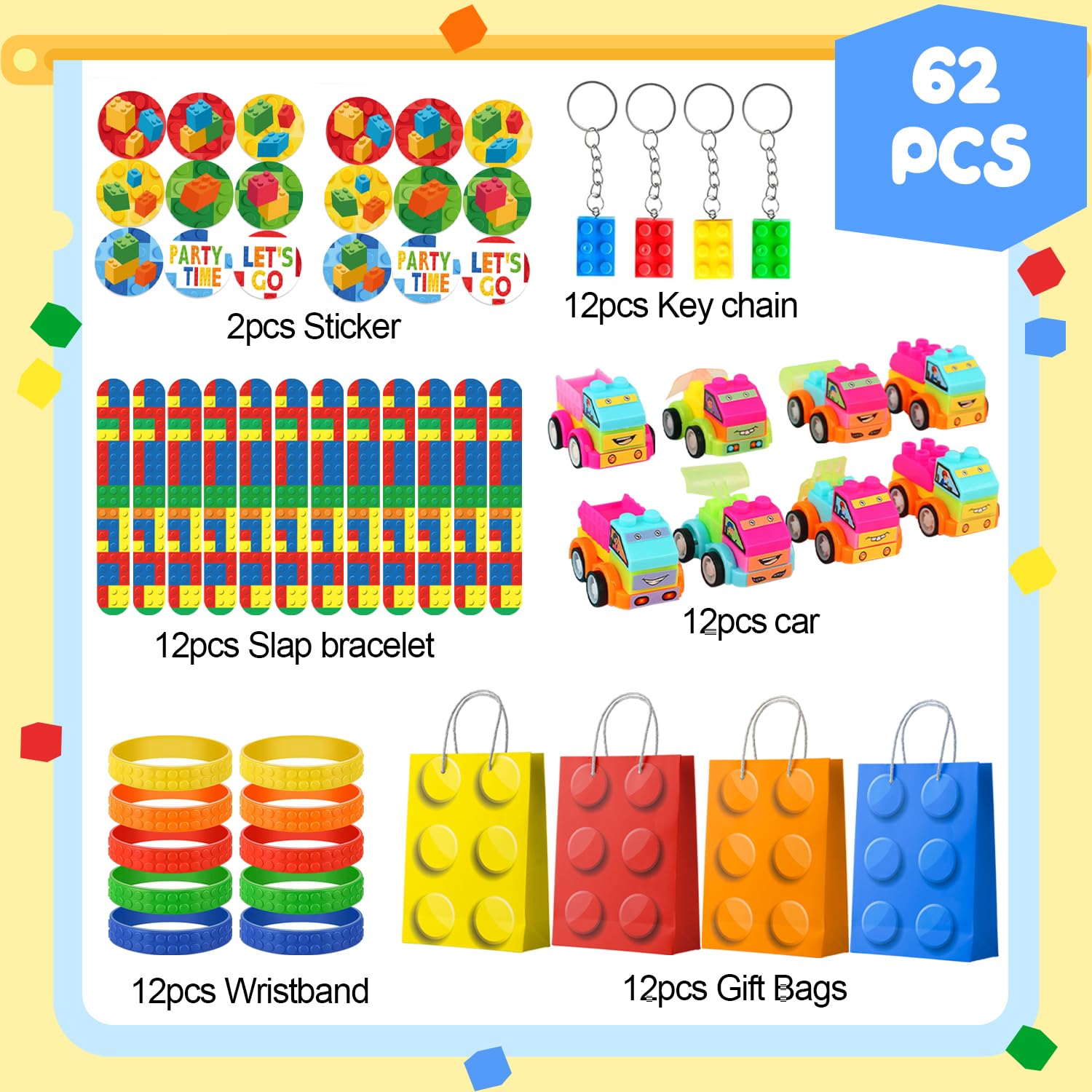 Building Block Decorazioni per Feste di Compleanno, 62pcs Blocchi di Costruzione Gadget Compleanno Set - Portachiavi Mattoncini Sacchetto Adesivi etc Decorazioni Compleanno Blocchi Bomboniere