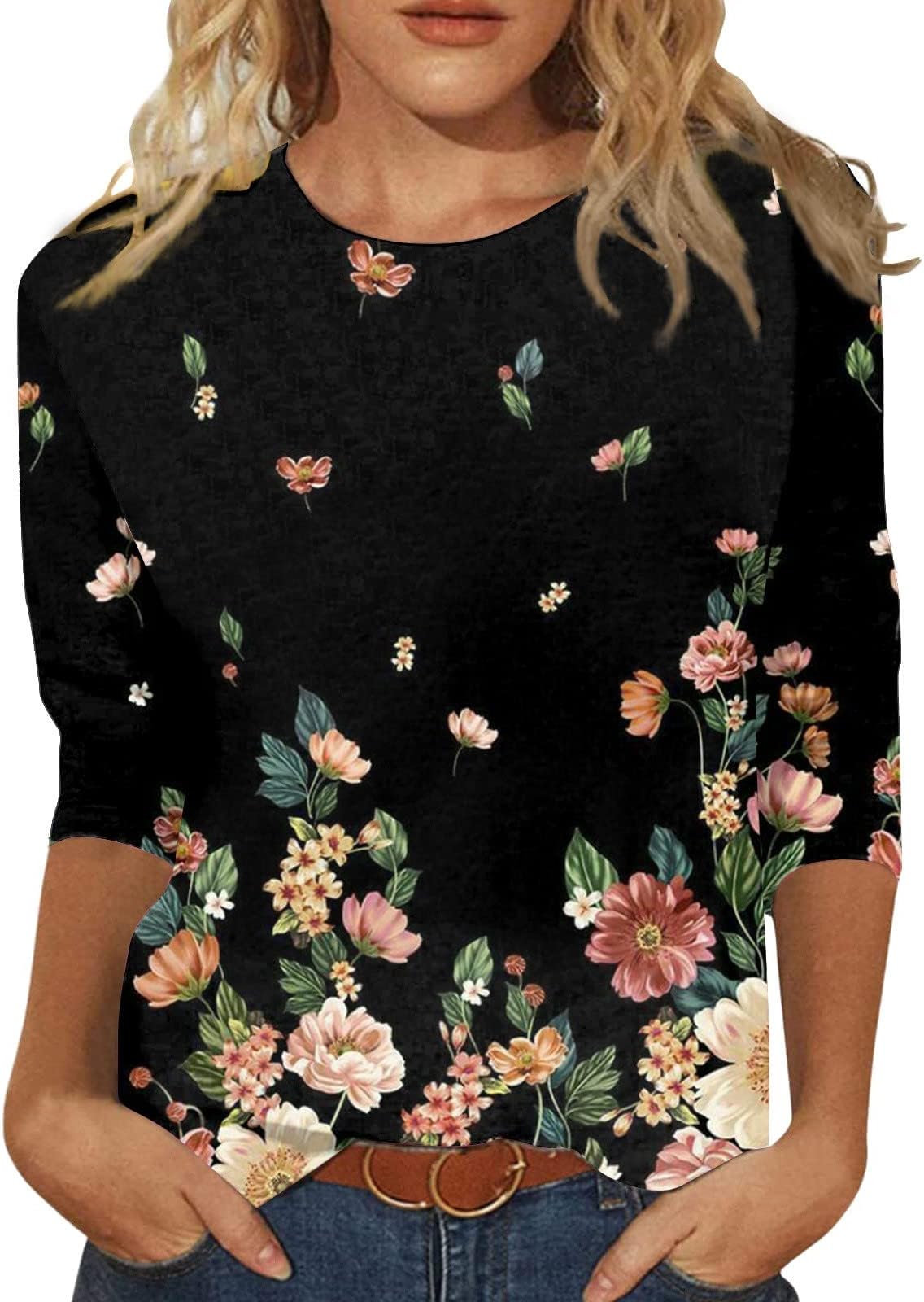 Womens Tops 3/4 Sleeve Crewneck Cute Shirts Casual Trendy Print Blouses Length T Shirt 2024