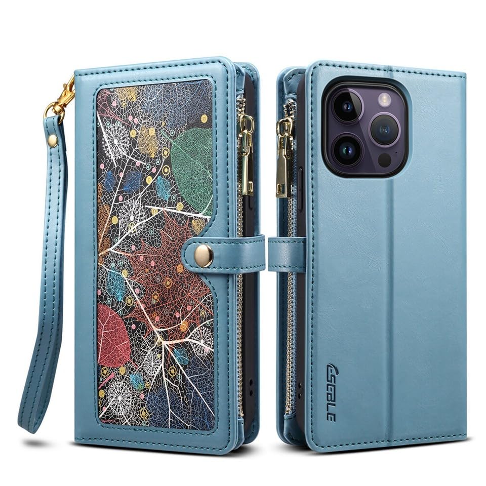 Housse iPhone 16 Pro Max étui portefeuille cuir bleu clapet magnétique