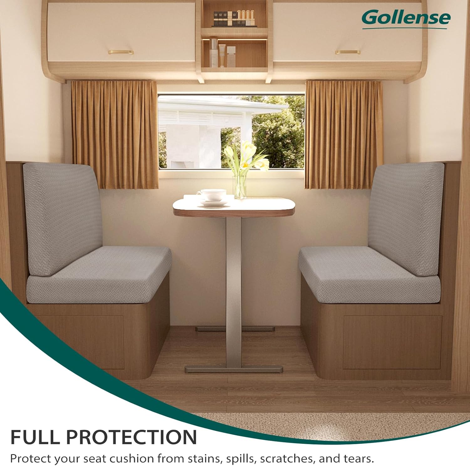 Gollense RV Dinette Cushion Covers, Stretch Camper Dinette Cushion Covers, Sectional Replacement RV Seat Covers for Travel Trailer Couch - Includes 2 Backrest Cover & 2 Bench Cover (T-Khaki)
