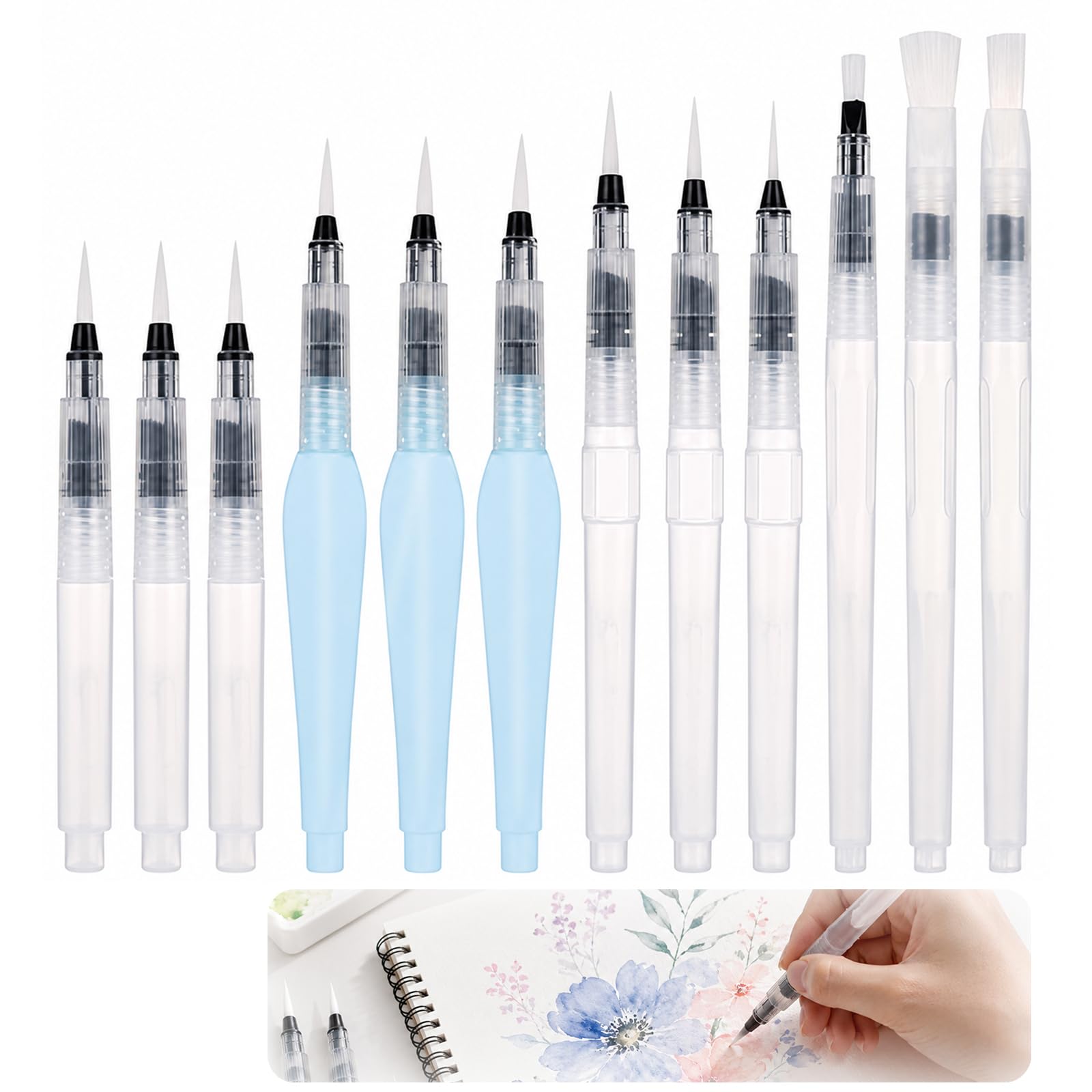 Tinminx 12PCS Refillable Water Brush Pens Set, Assorted Tips Watercolor Painting Brushes with 9 Point Tips & 3 Flat Tips, Portable Water Colour Brushes for Blending, Water Soluble Pencils, Markers