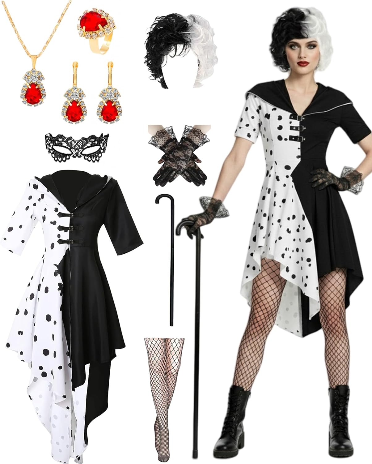 Minggo 9pcs Women Black and White Dalmatian Costume Dress Up Full Set with Wig for Halloween Cosplay