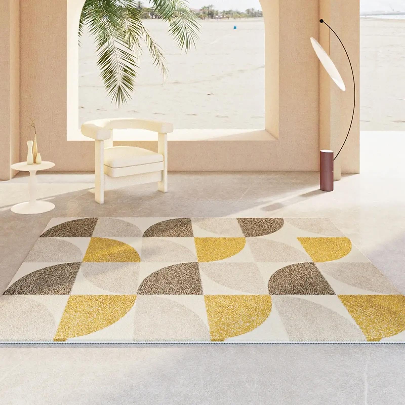 Tapis moderne géométrique jaune et beige 150x180 cm lavable