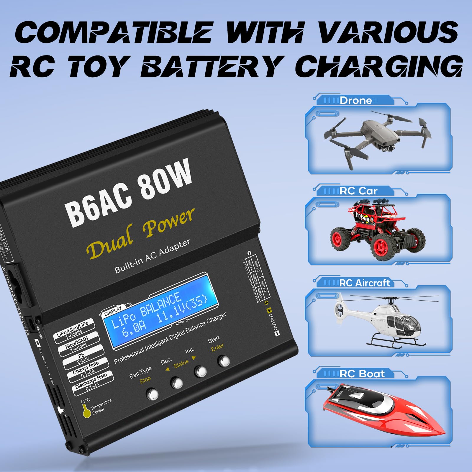 HTRC B6AC LiPo Charger Balancer 80 W 6 A RC, ładowarka LiPo do LiPo/Li-Ion/Life (1-6S), NiMH/NiCd (1-15S) i PB Smart, ładowarka RC z wyświetlaczem LED i XT60/Deans/JST