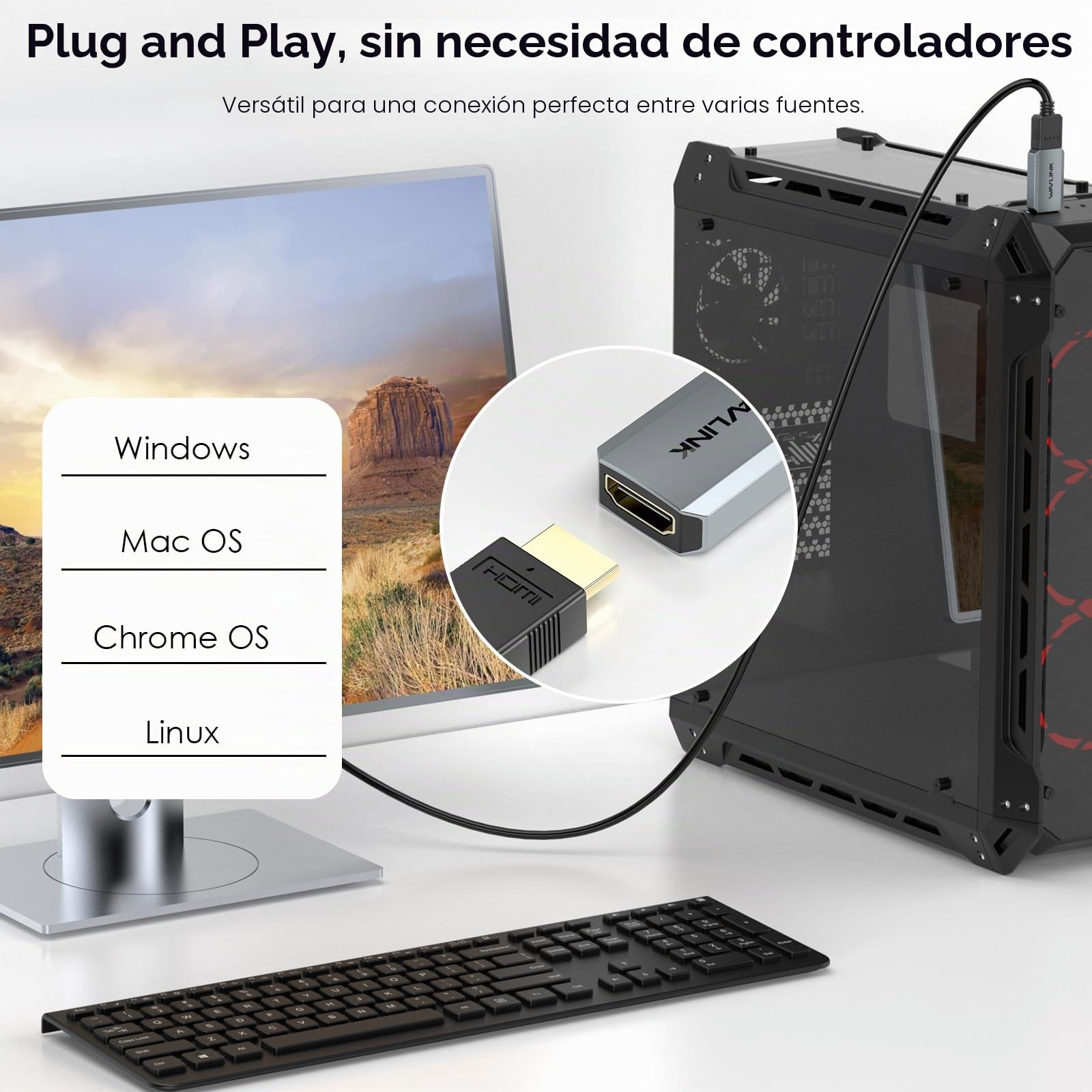 WAVLINK Adaptador Activo 4K@60Hz, Convertidor Unidireccional Macho a Hembra, Adaptador Activo Compacto Mini 4K/2K@60Hz