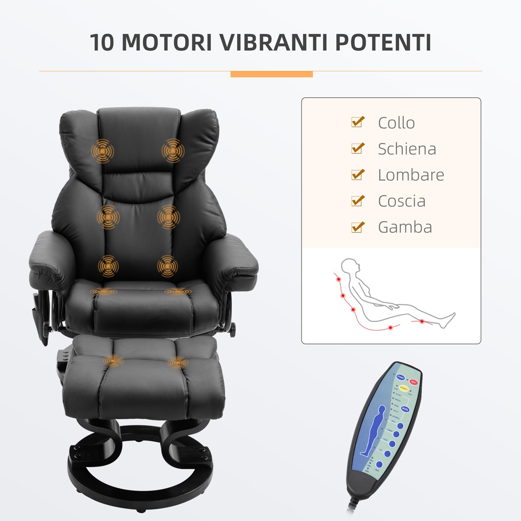 HOMCOM Poltrona Relax Elettrica con Pouf Poggiapiedi e Funzione Massaggio, Poltrona Reclinabile a 145° con Seduta Girevole a 360°, Rivestimento Finta Pelle, Nero