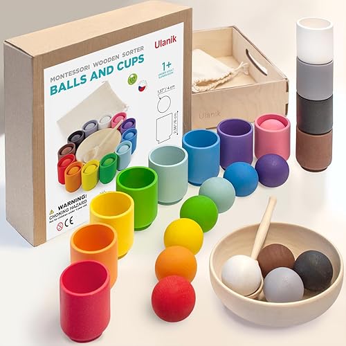 Miniatura 9 de Ulanik Pelotas en tazas Montessori Juguetes para niños de 1 año + niños preescolares juegos de madera a juego para aprender clasificación de colores