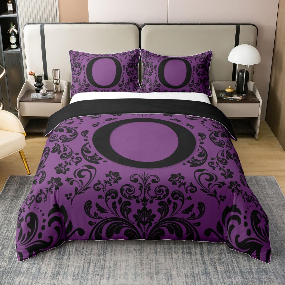 Homewish Czarne gotyckie zestawy pościeli adamaszek rozmiar king size litera O bawełna poszewka na kołdrę boho kwiatowy monogram fioletowa poszewka na kołdrę dla dzieci dorosłych, estetyczny zestaw