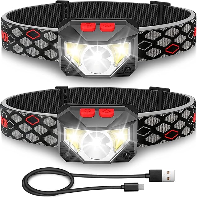 Head Torch Rechargeable,[2 Pack] Yonii Headlamp Flashlight Super Bright Headlight Waterproof 10 Light Modes with Red COB Lights Sensor Switch Lightweight Headlight for Camping,Hiking and Running