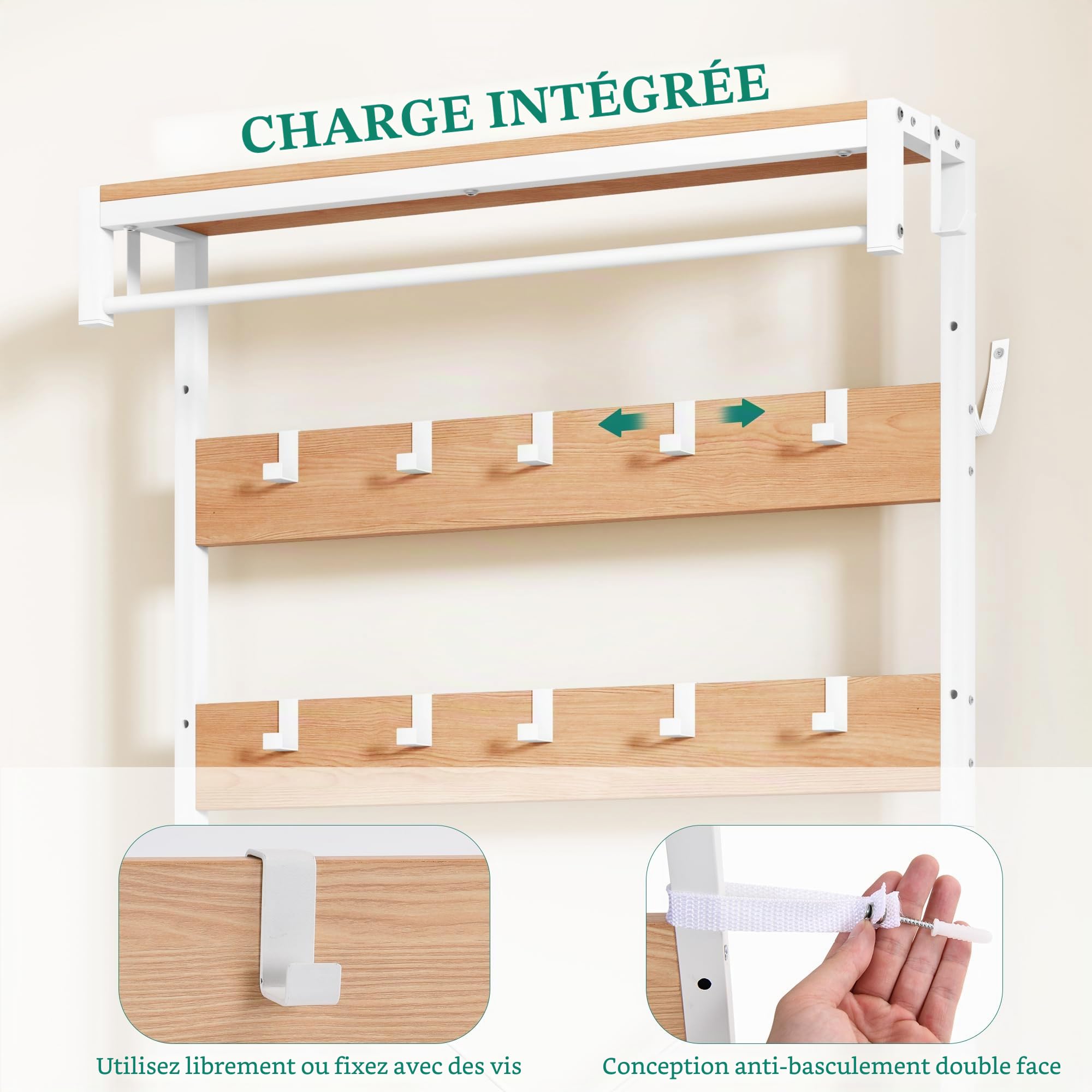 YITAHOME Porte-Manteau d’Entrée, Meuble d’Entrée avec Banc à Chaussures Rembourré, Banc de Rangement, 10 Crochets Amovibles et Étagère, Rangement Caché, Design Séparable, pour Couloir, Chambre, Blanc