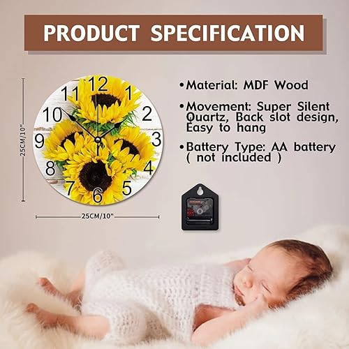 Miniatura 6 de ArogGeld Reloj de pared con diseño de girasoles, estilo vintage, de madera, de 10 pulgadas, silencioso, sin tictac, funciona con pilas, para sala de