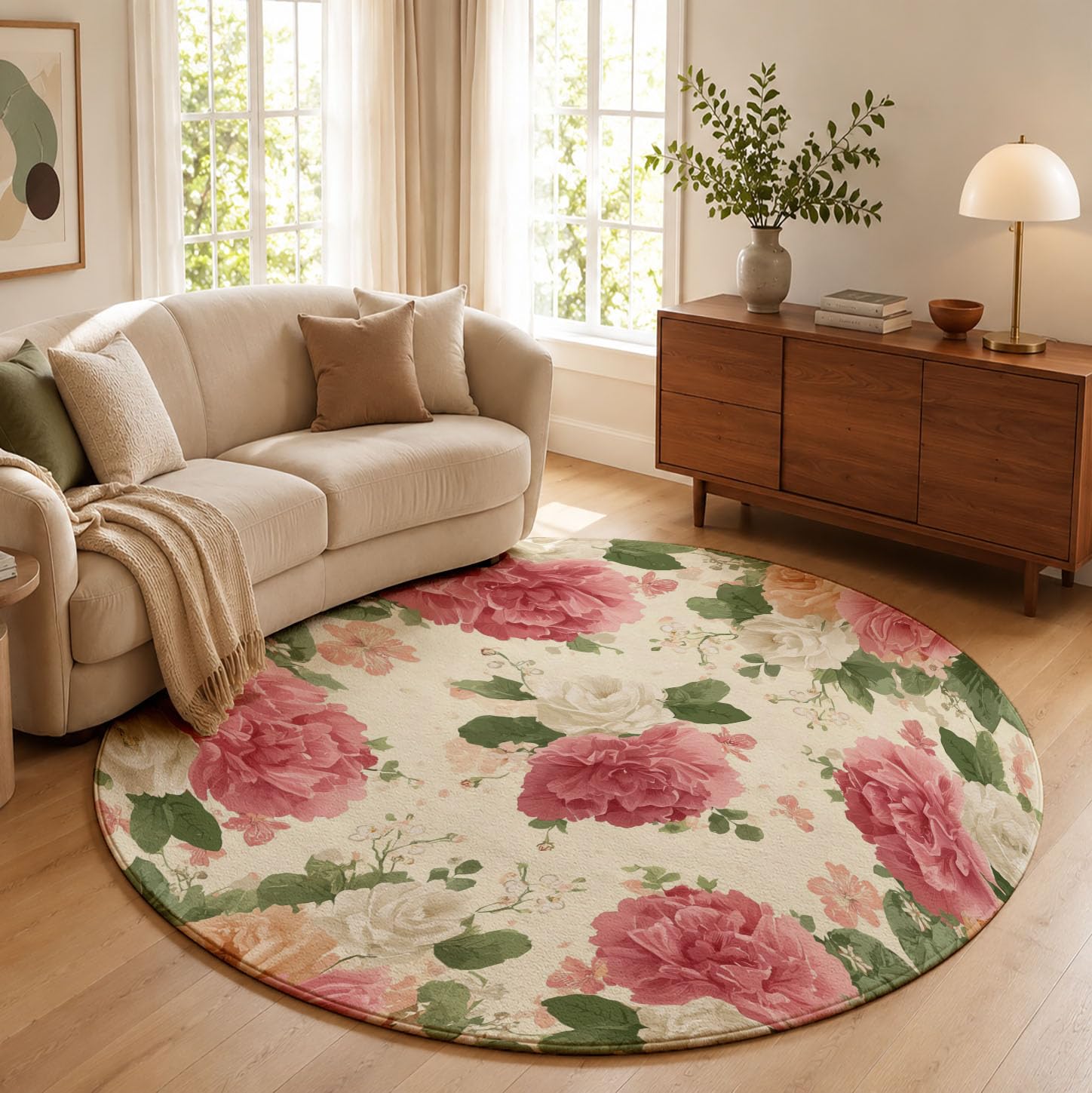 Tapis Rond Imprimé Rose Et Pivoine, Fleurs du Jardintapis Rond De Foyer D'Entrée Lavable Antidérapant pour Salon Chambre Cuisine Balcon Bureau (120Cm, Poudre Blush)