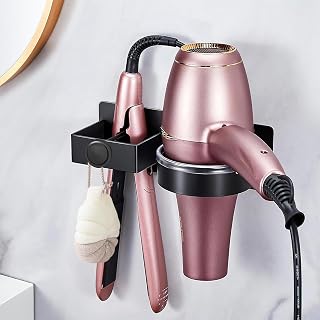 Soporte Secador de Pelo, Universal Soporte Secador de Pelo y Plancha de Metal, Soporte para Secador de Pelo de Pared Sin Taladrar, Estante de Almacenamiento para Baño, Dormitorio,Hotel (con Tornillos)