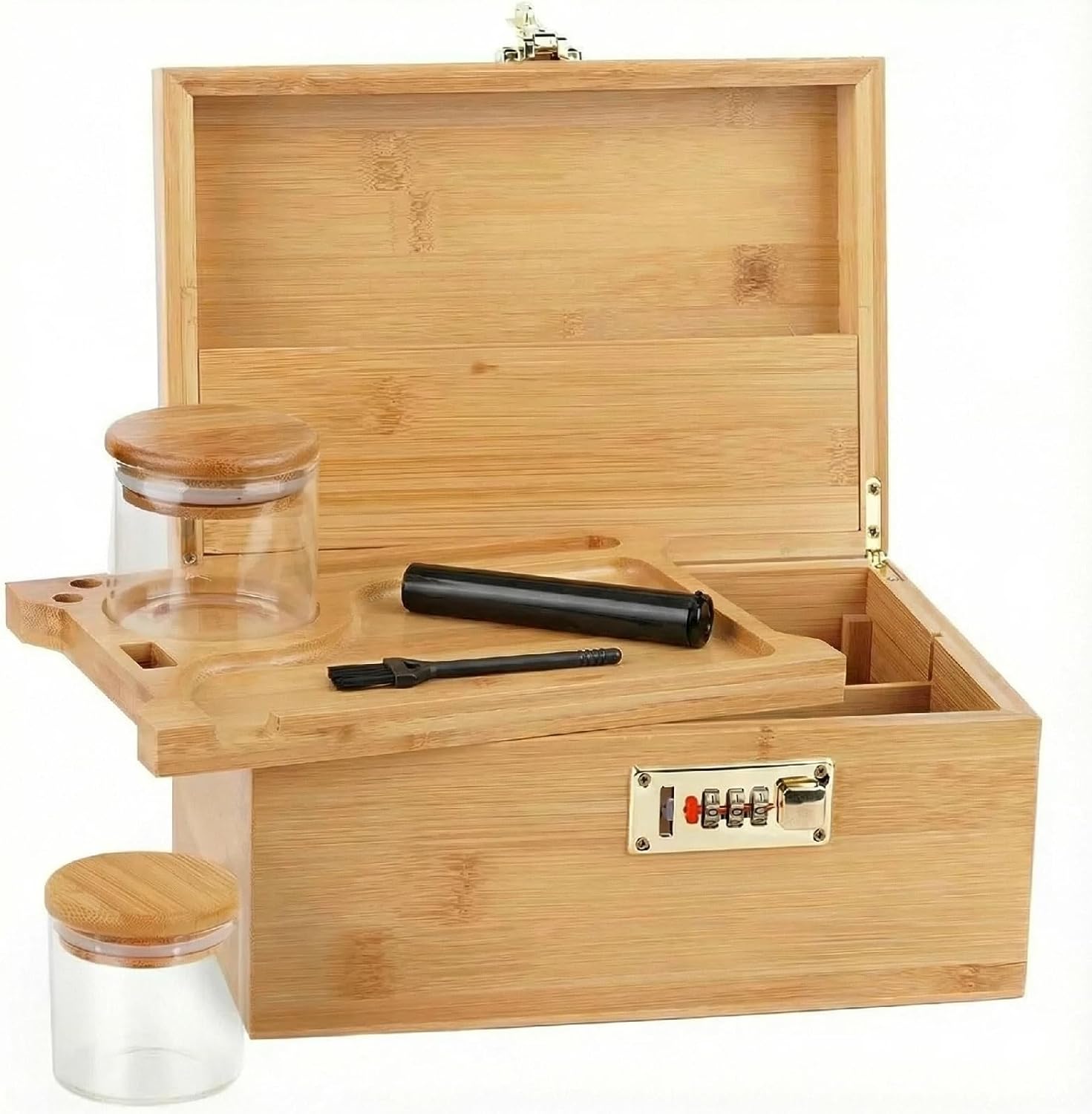 Bamboo Box With Combination Lock Decorative Box For Home Great Gift Choice Stash Storage Lockbox With Storage Jar, Tray And More