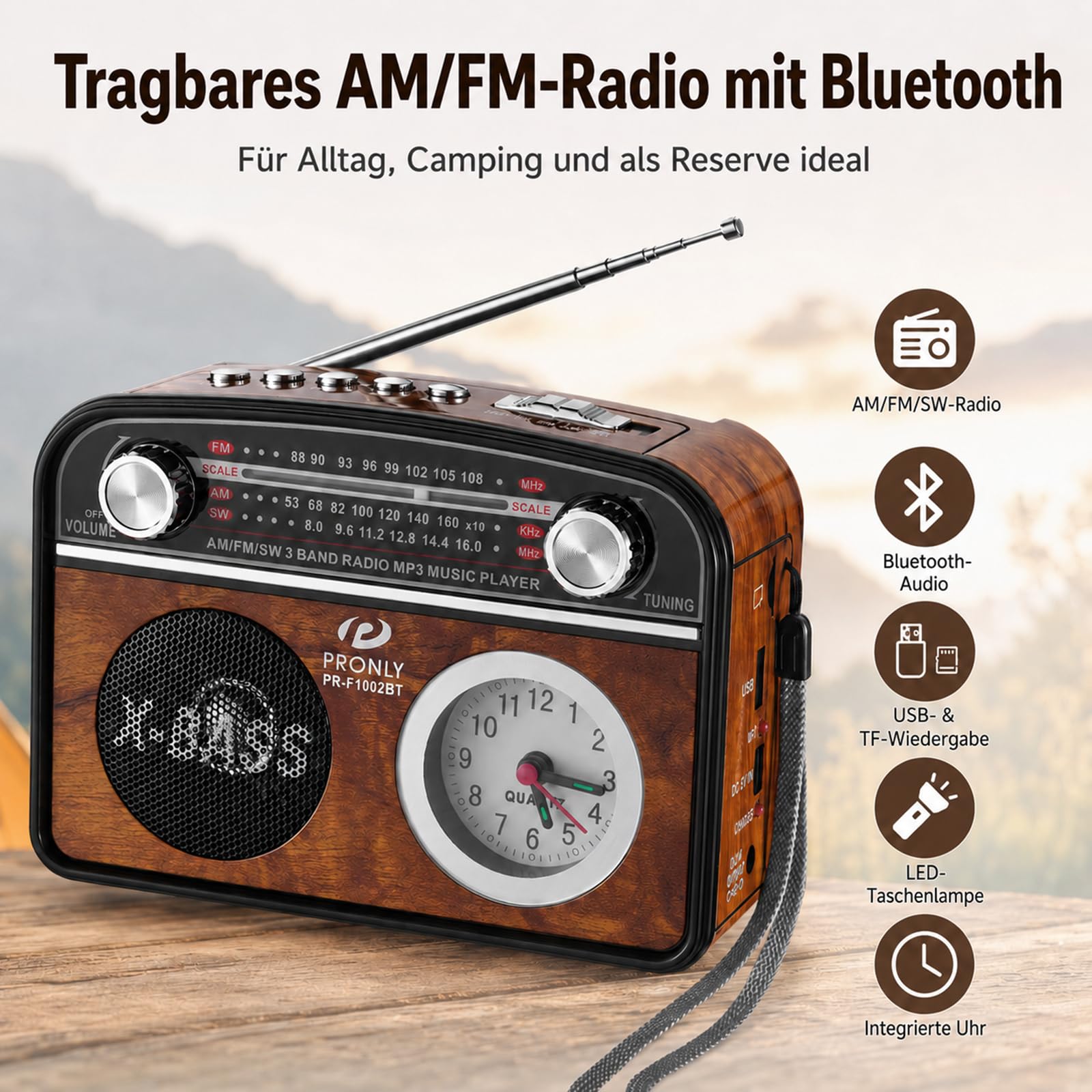 Portable AM/FM Radio mit Bluetooth im Vintage-Stil, Radio Batteriebetrieben mit Uhr & Taschenlampe, USB/TF-Wiedergabe, für Camping, Alltag & Notfälle, Holzoptik (PR-1002BT)