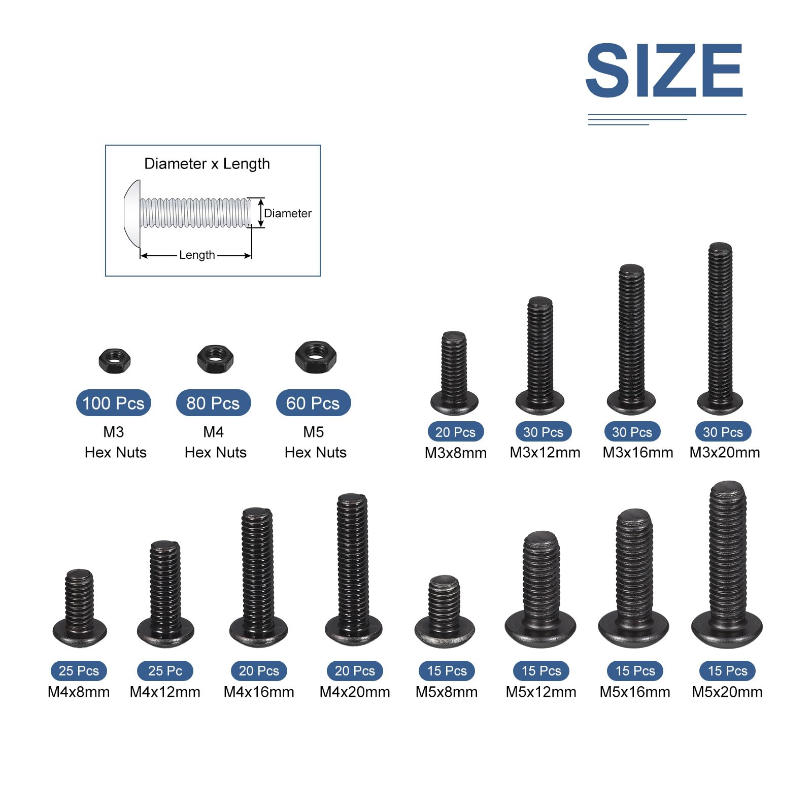DTGN 510Pack M3 M4 M5(D) Button Head Socket Cap Screws Nuts Kit - 8/12/16/20mm(L) Hex Socket Cap Bolt Nut Assortment - Carbon Steel Black Oxide - Good for Machine